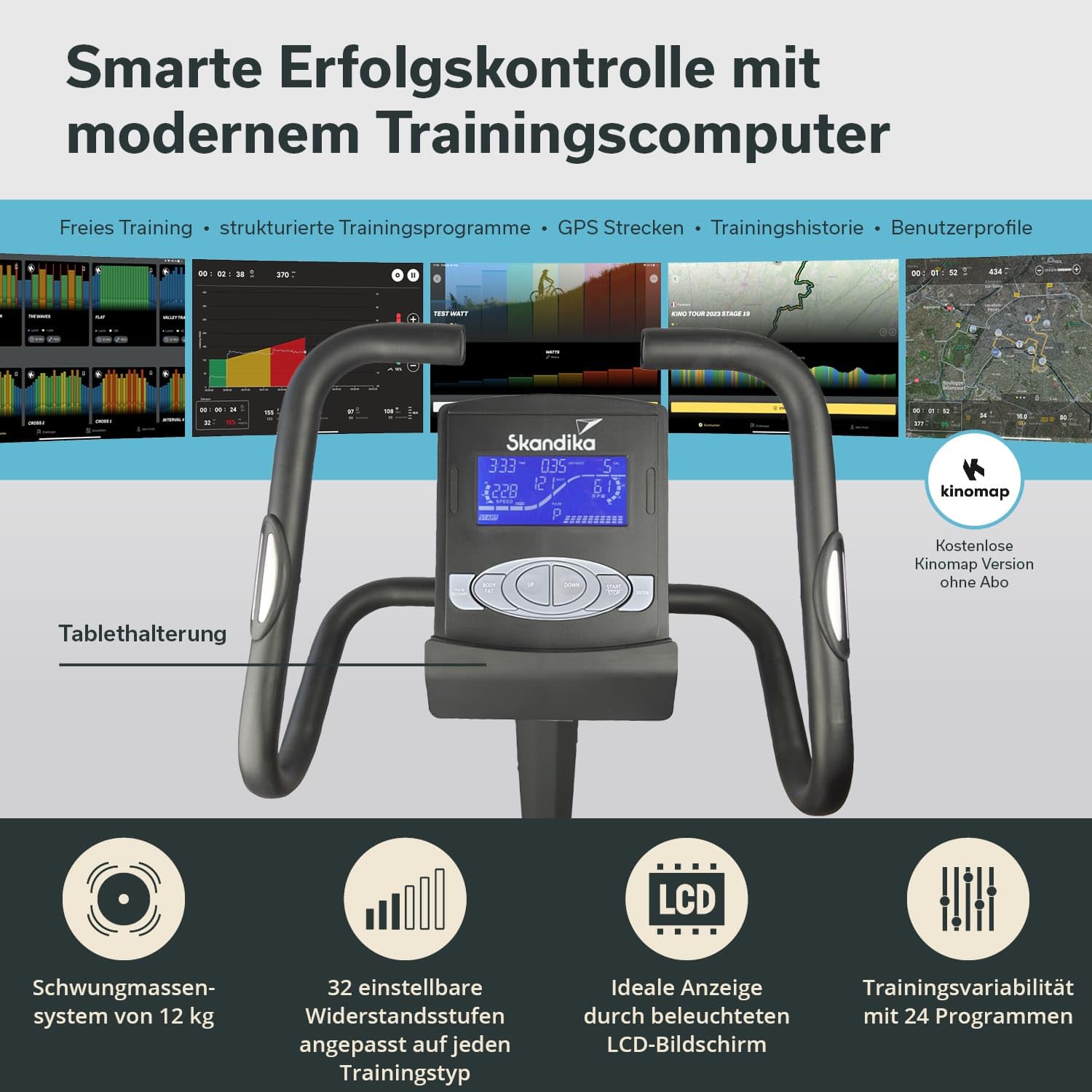 skandika Ergometer Morpheus, Fitnessbike, Heimtrainer mit Bluetooth, Pulsgurt, 32 einstellbare Widerstandseinstellung und Multifunktionscomputer mit Kalorienverbrauch, Puls