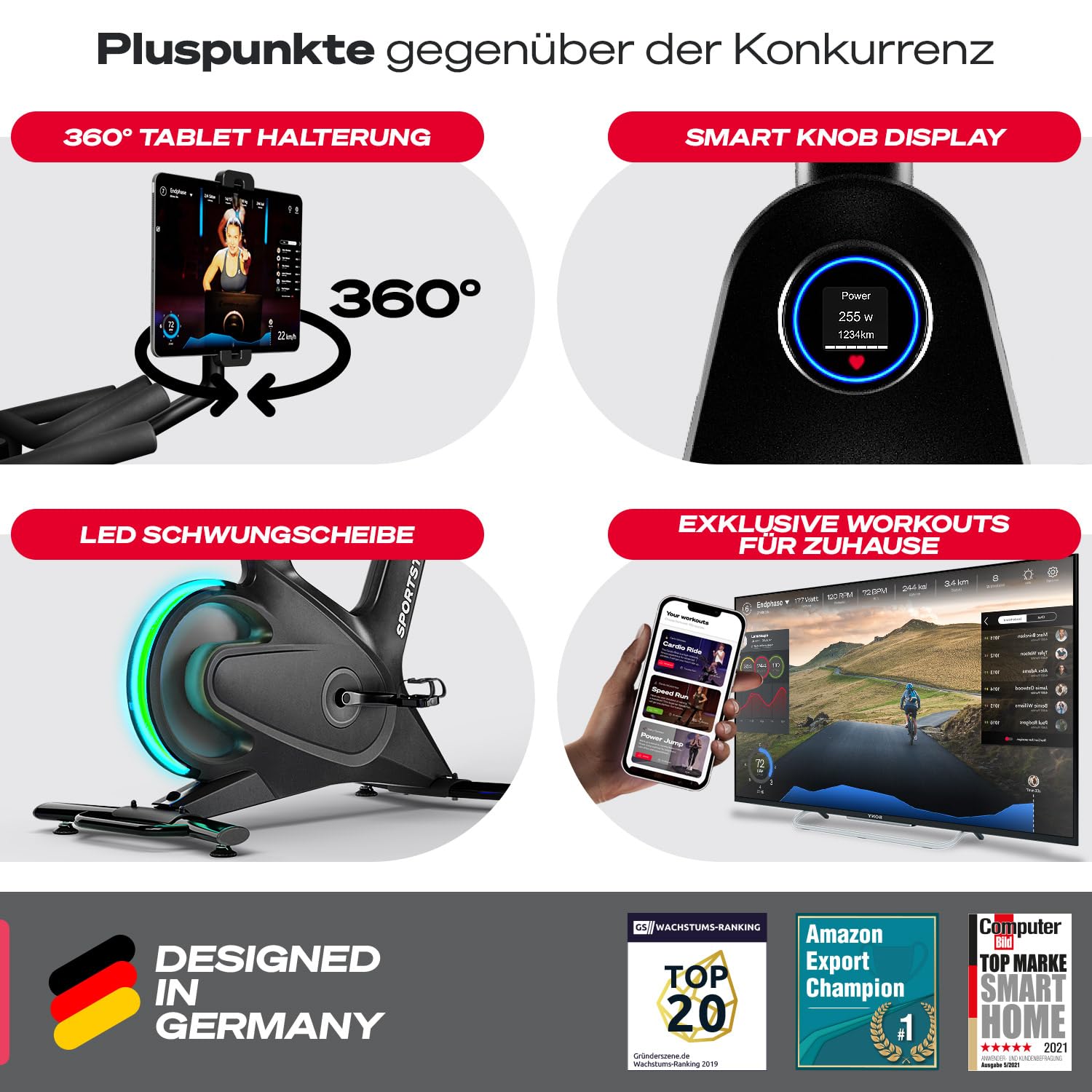 Sportstech sBike Lite - Smartes Heimtrainer Fahrrad mit LED - Deutsche Qualitätsmarke - App mit Kursen und 360° Tablet-Halterung für Full Body Workout - Ergometer, Indoor Fitnessbike (sBike Lite BL)