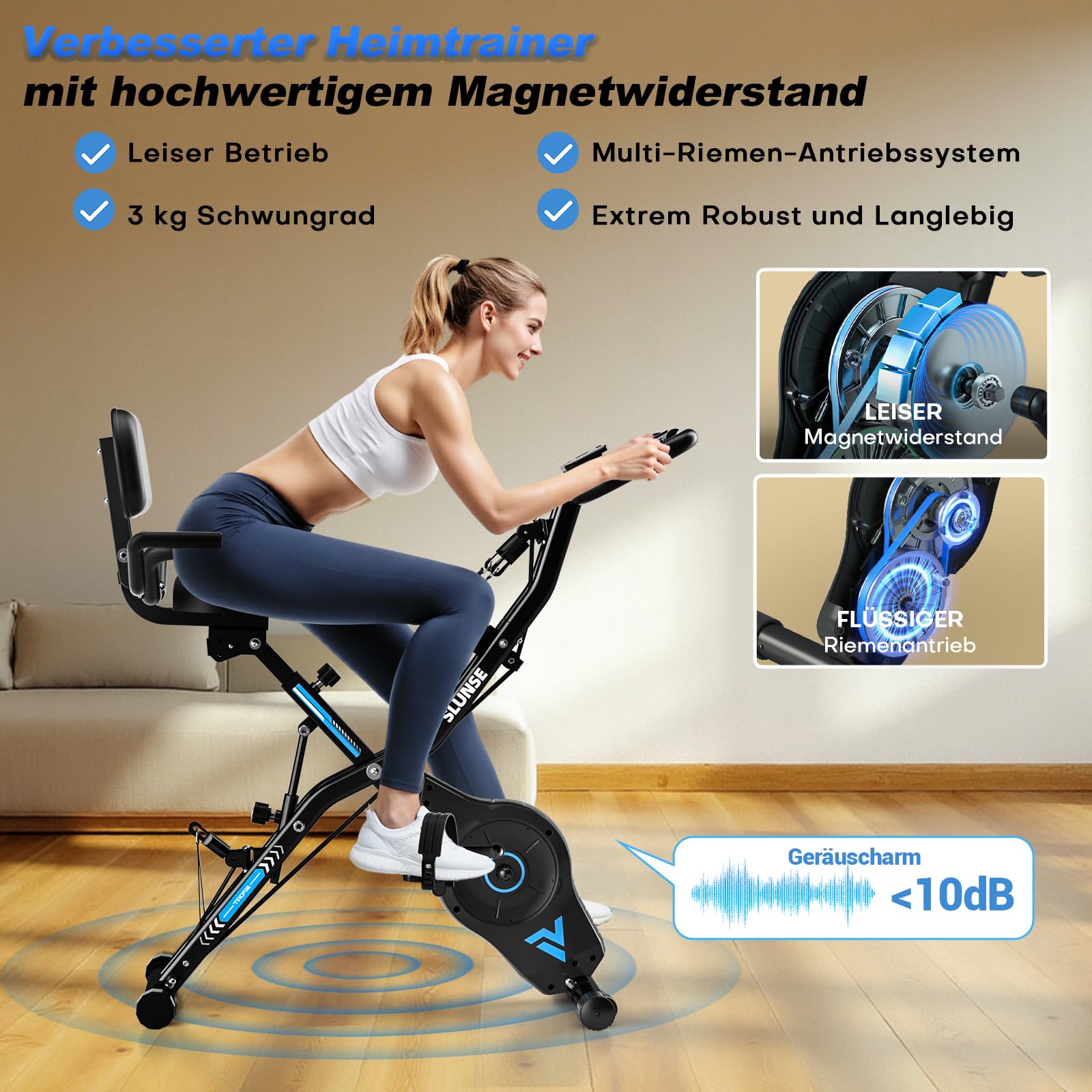 Heimtrainer Fahrrad, SLUNSE 2025 Neu Hometrainer Fahrrad mit stabilem Doppeldreieckrahmen, Klappbar Ergometer Heimtrainer mit 10dB extra Leise, Indoor Bike für Kardio-Training zu Hause, Bis 160KG