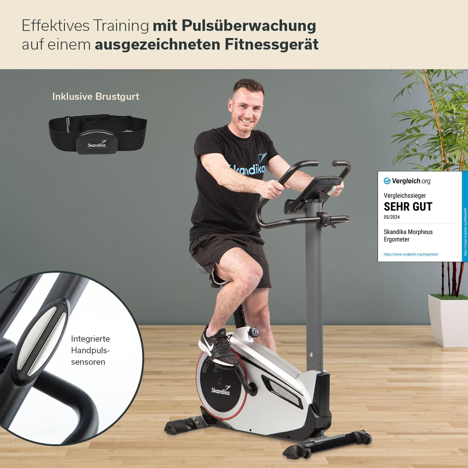 skandika Ergometer Morpheus | Heimtrainer für Zuhause, 12 kg Schwungmasse, 32 Widerstandsstufen, 24 Programme, App Kompatibel mit Kinomap, Pulsgurt, Tablethalterung | Indoor Fahrrad bis 150 kg