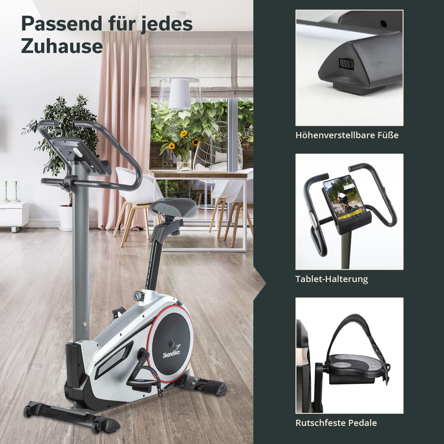 skandika Ergometer Morpheus | Heimtrainer für Zuhause, 12 kg Schwungmasse, 32 Widerstandsstufen, 24 Programme, App Kompatibel mit Kinomap, Pulsgurt, Tablethalterung | Indoor Fahrrad bis 150 kg