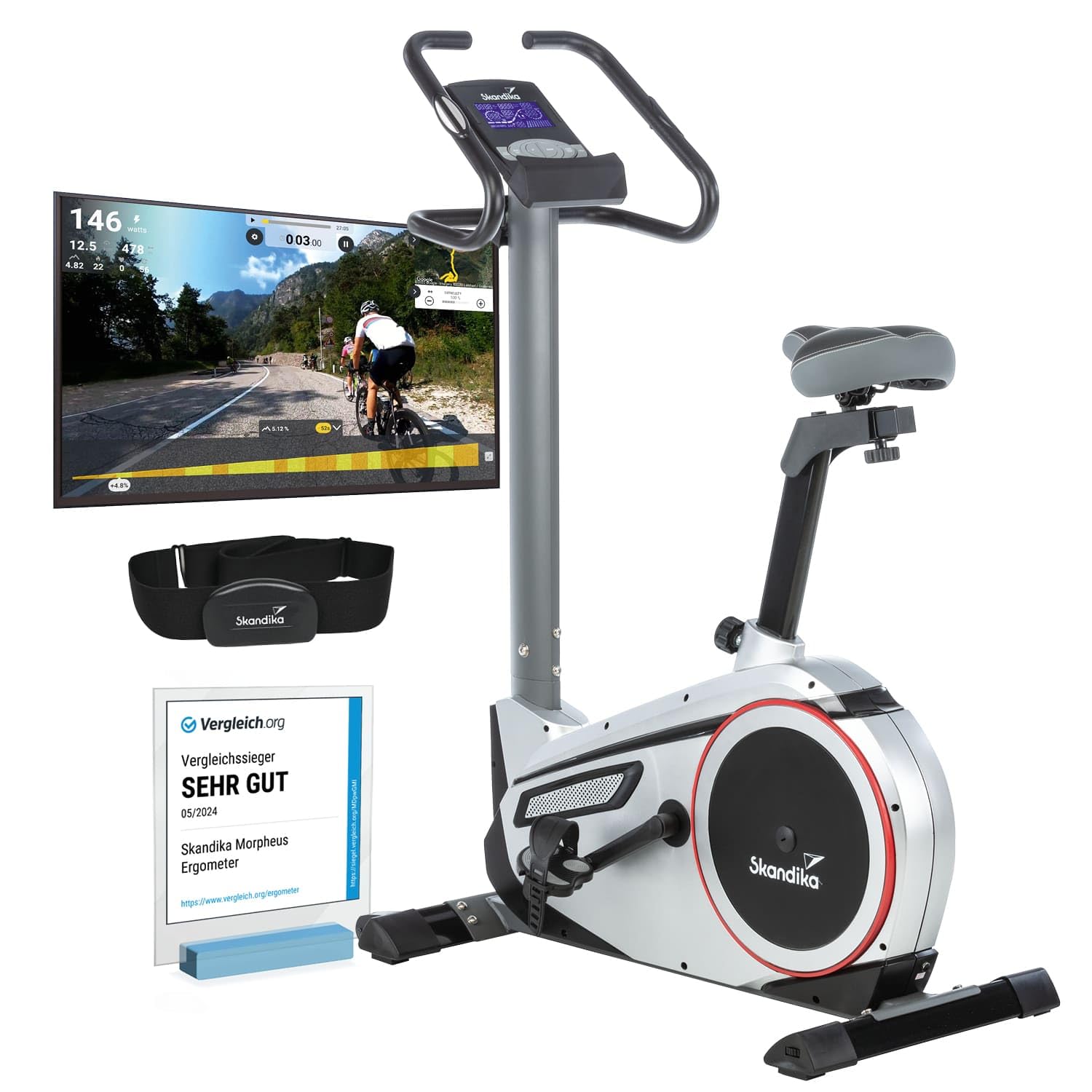 skandika Ergometer Morpheus | Heimtrainer für Zuhause, 12 kg Schwungmasse, 32 Widerstandsstufen, 24 Programme, App Kompatibel mit Kinomap, Pulsgurt, Tablethalterung | Indoor Fahrrad bis 150 kg
