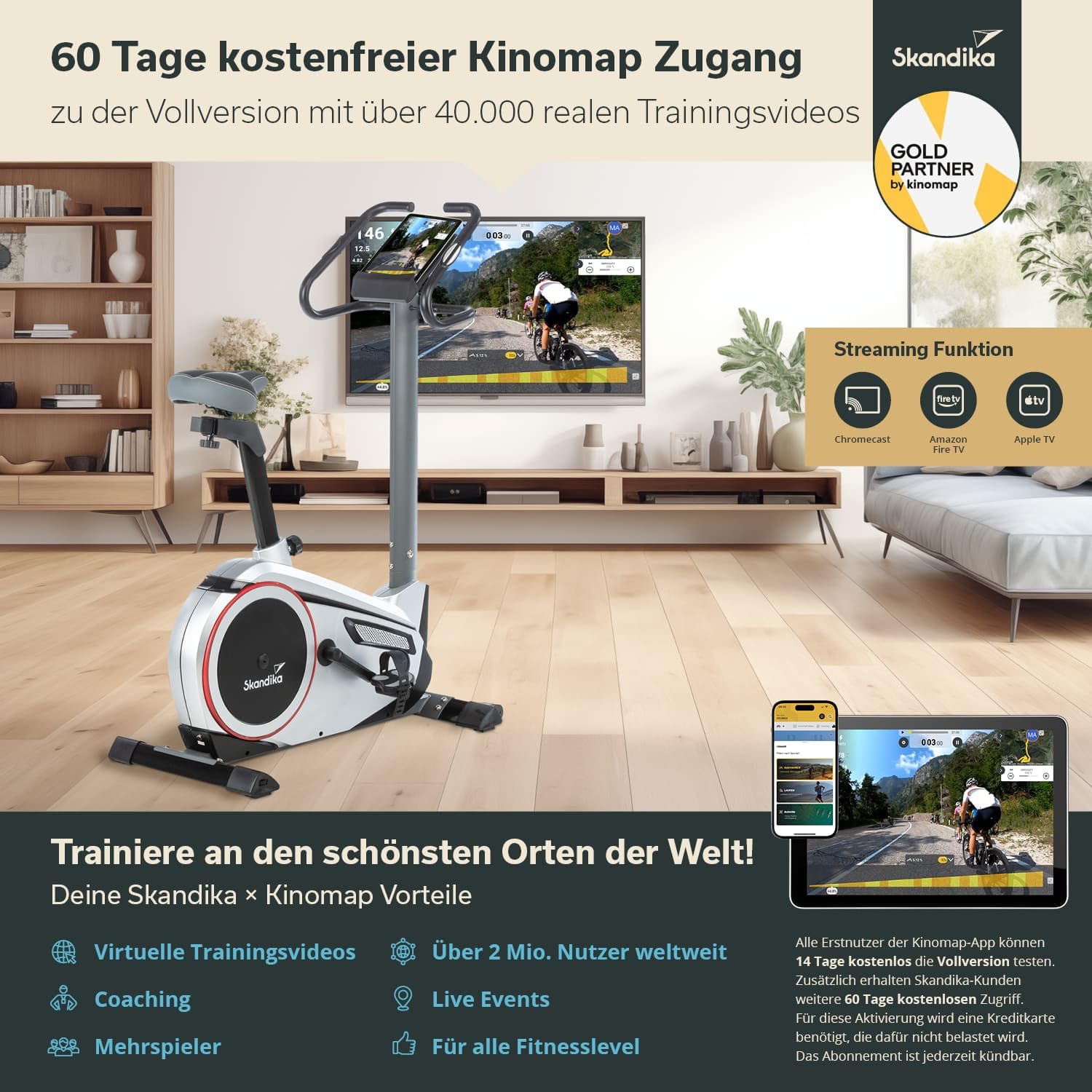 skandika Ergometer Morpheus | Heimtrainer für Zuhause, 12 kg Schwungmasse, 32 Widerstandsstufen, 24 Programme, App Kompatibel mit Kinomap, Pulsgurt, Tablethalterung | Indoor Fahrrad bis 150 kg