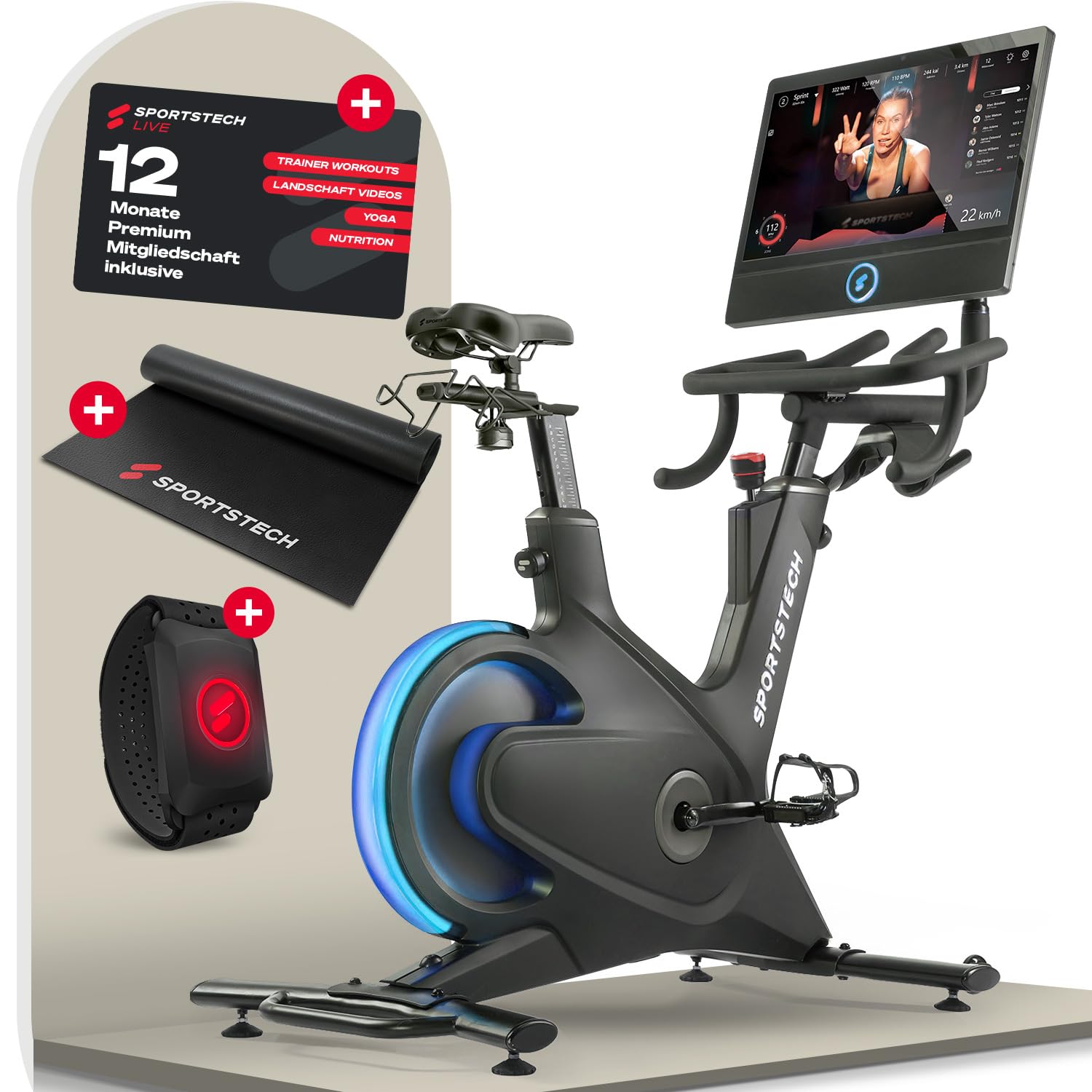 Sportstech Heimtrainer + 21.5" Touch Display - Deutsche Qualitätsmarke - APP mit Live Workouts & Kursen Fitnessbike mit patentierter LED Technologie, Ergometer, sBike (sBike + Bundel)