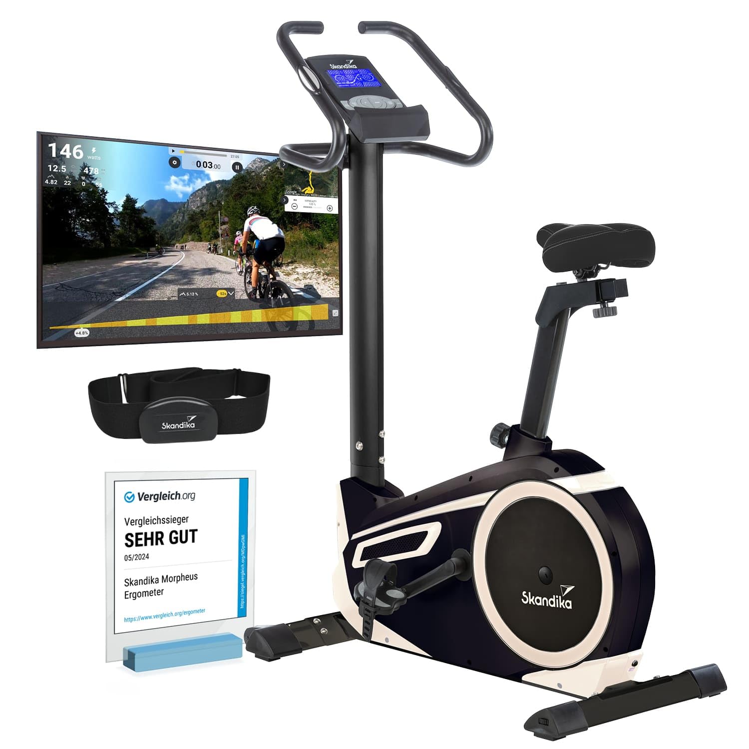 skandika Ergometer Morpheus, Fitnessbike, Heimtrainer mit Bluetooth, Pulsgurt, 32 einstellbare Widerstandseinstellung und Multifunktionscomputer mit Kalorienverbrauch, Puls