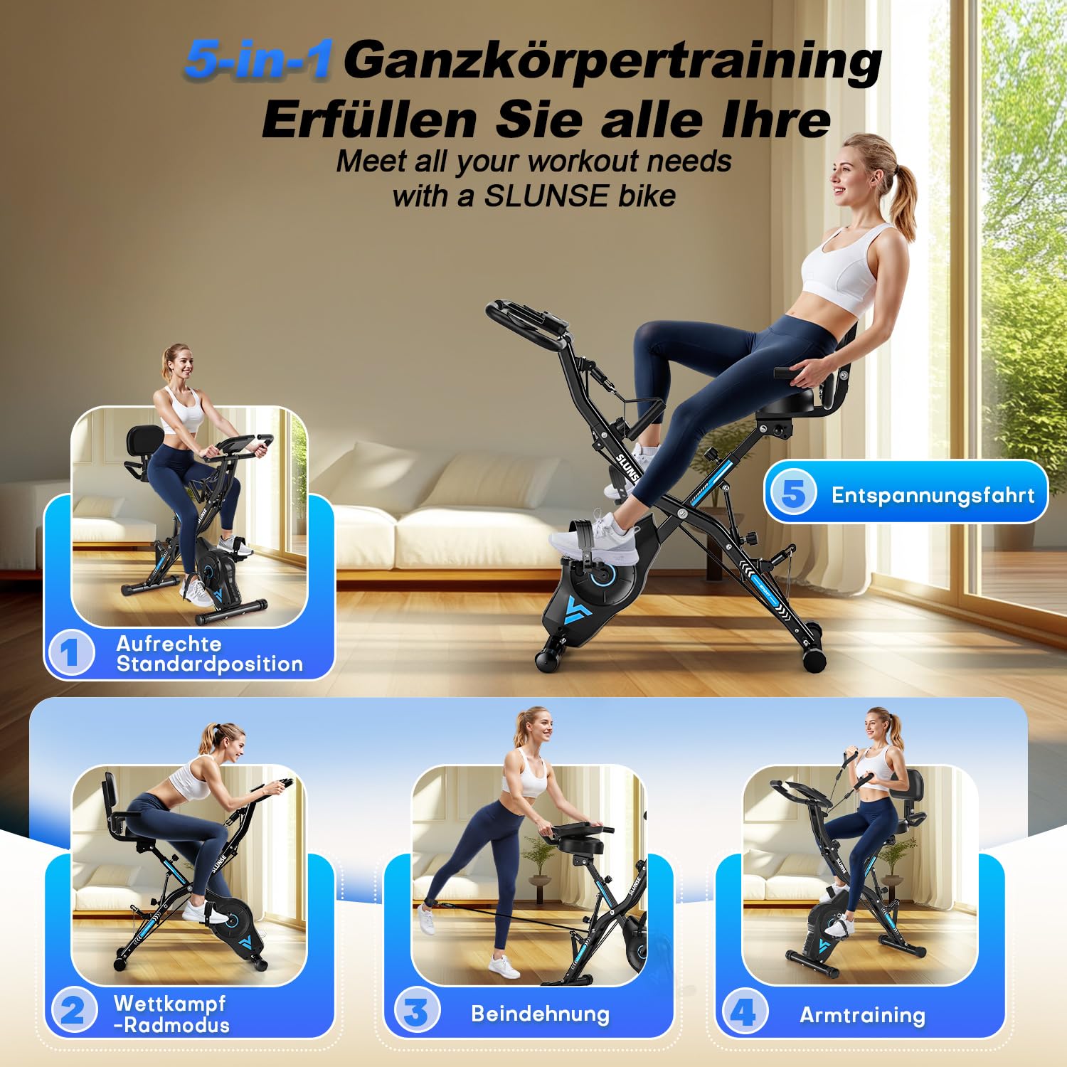 Heimtrainer Fahrrad, SLUNSE 2025 Neu Hometrainer Fahrrad mit stabilem Doppeldreieckrahmen, Klappbar Ergometer Heimtrainer mit 10dB extra Leise, Indoor Bike für Kardio-Training zu Hause, Bis 160KG