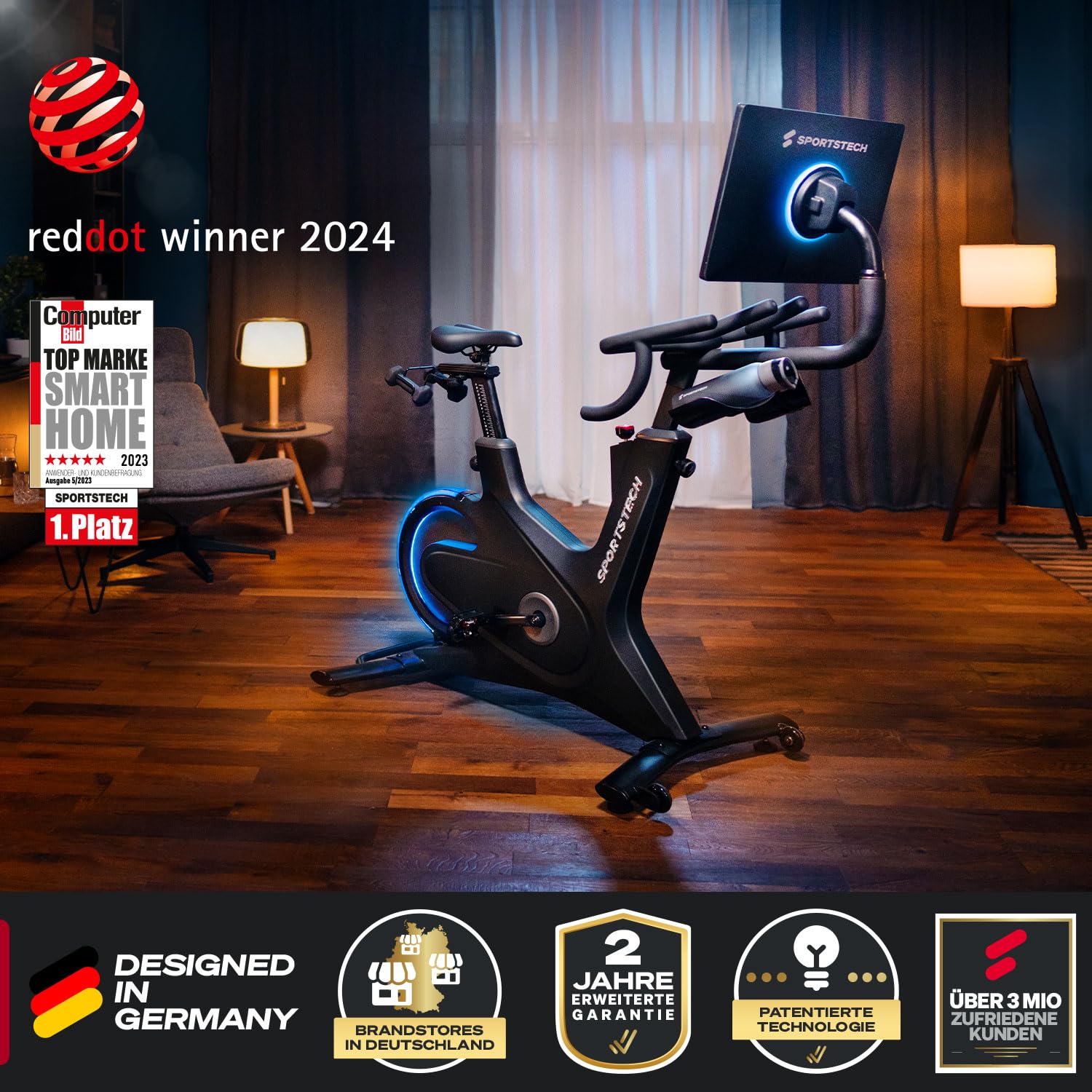 Sportstech Heimtrainer + 21.5" Touch Display - Deutsche Qualitätsmarke - APP mit Live Workouts & Kursen Fitnessbike mit patentierter LED Technologie, Ergometer, sBike (sBike + Bundel)