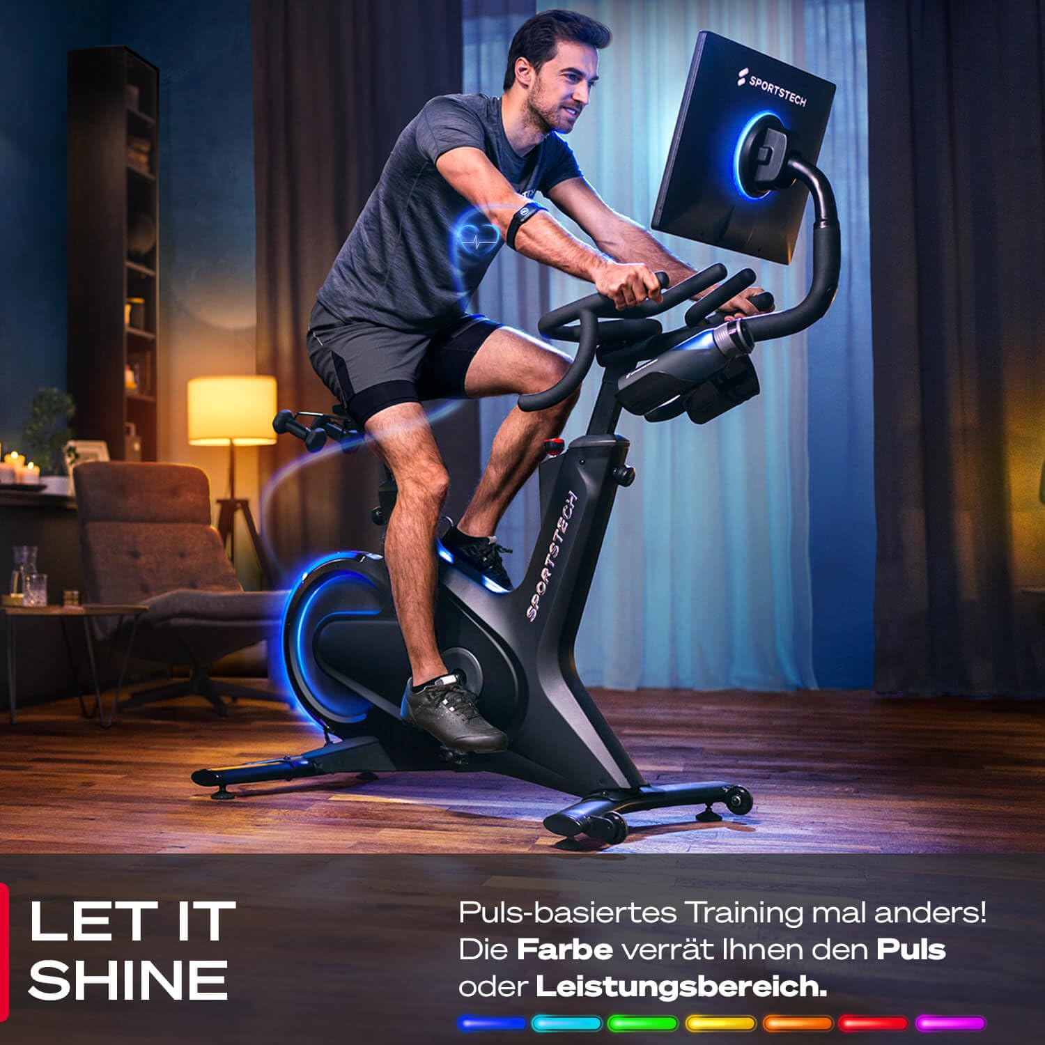 Sportstech Heimtrainer + 21.5" Touch Display - Deutsche Qualitätsmarke - APP mit Live Workouts & Kursen Fitnessbike mit patentierter LED Technologie, Ergometer, sBike (sBike + Bundel)