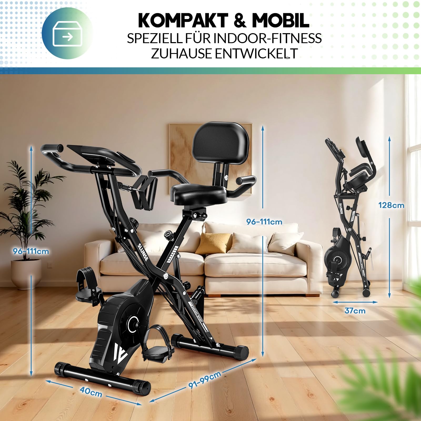 Heimtrainer Fahrrad, SLUNSE 2025 Neu Hometrainer Fahrrad mit stabilem Doppeldreieckrahmen, Klappbar Ergometer Heimtrainer mit 10dB extra Leise, Indoor Bike für Kardio-Training zu Hause, Bis 160KG