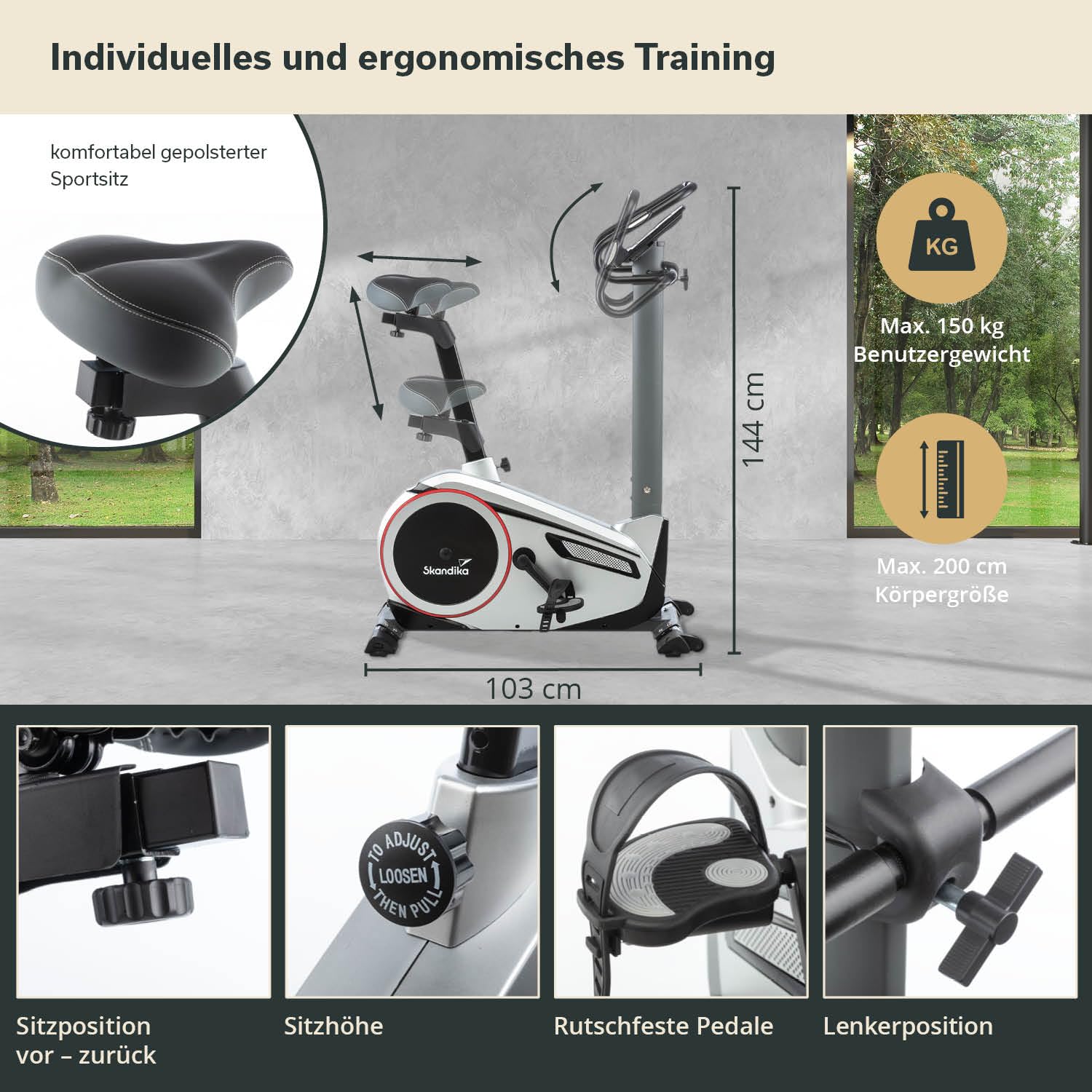 skandika Ergometer Morpheus | Heimtrainer für Zuhause, 12 kg Schwungmasse, 32 Widerstandsstufen, 24 Programme, App Kompatibel mit Kinomap, Pulsgurt, Tablethalterung | Indoor Fahrrad bis 150 kg