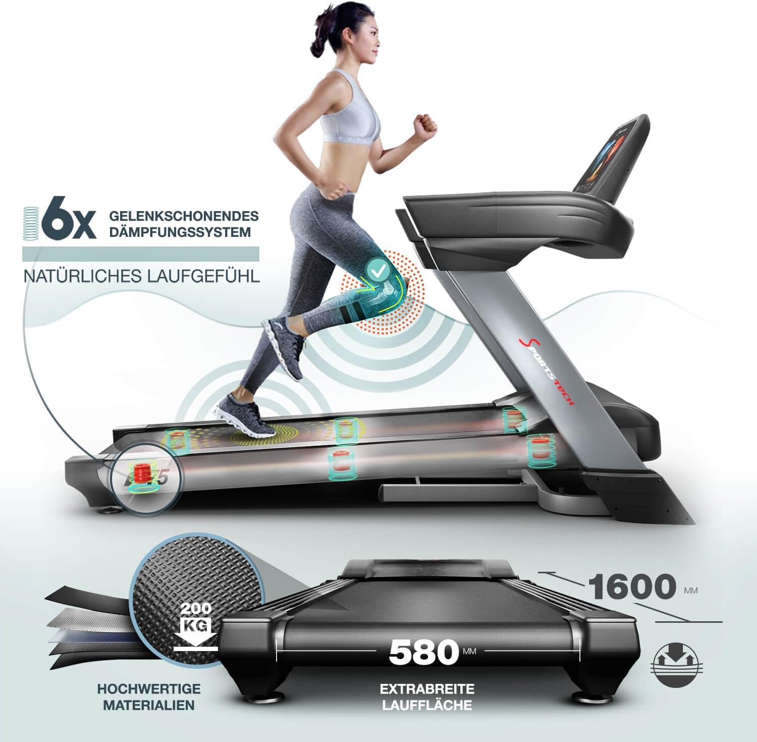 Sportstech F75 Klappbar Profi Laufband mit Android Display, 7PS Leistung