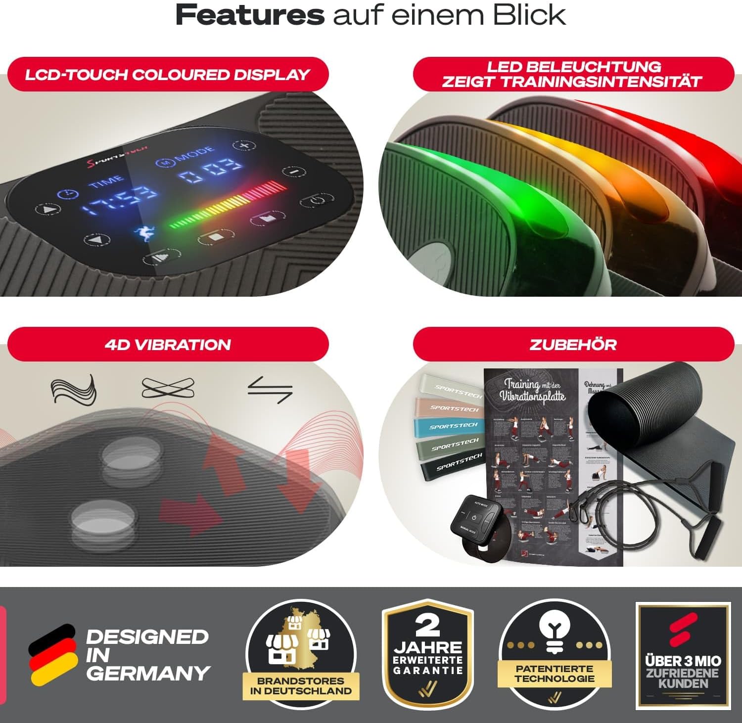 Sportstech VP400: 4D Vibrationsplatte mit Smart‑LED und Trainingsbändern