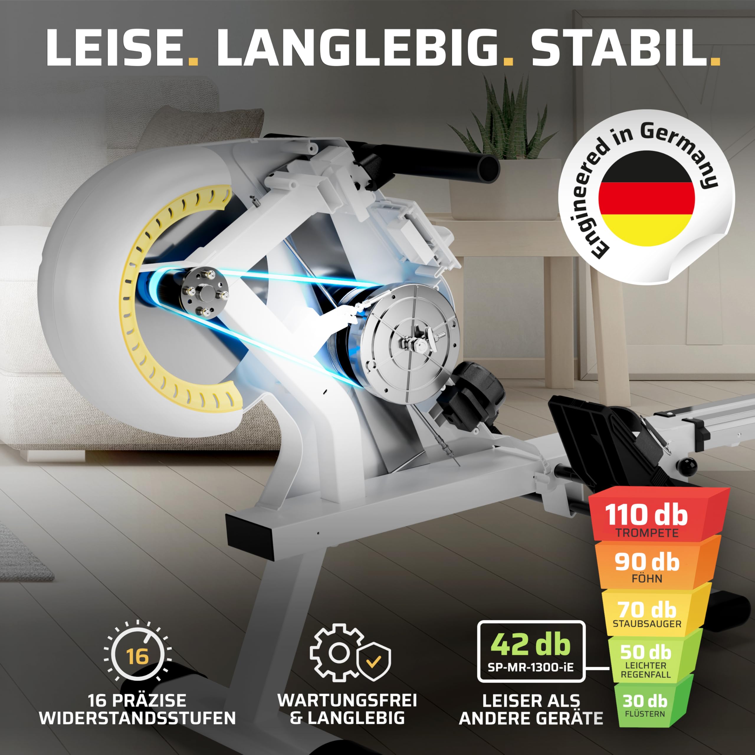 SportPlus Rudergerät für zuhause klappbar - Heimtrainer Rudergerät 16 Widerstandsstufen - leises Magnetbremssystem - Rudermaschine für zuhause - Designed in Germany - bis 150kg belastbar