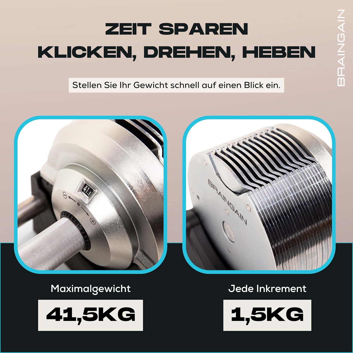 BRAINGAIN Verstellbare Hanteln: Chrom/Schwarz fürs Heimtraining