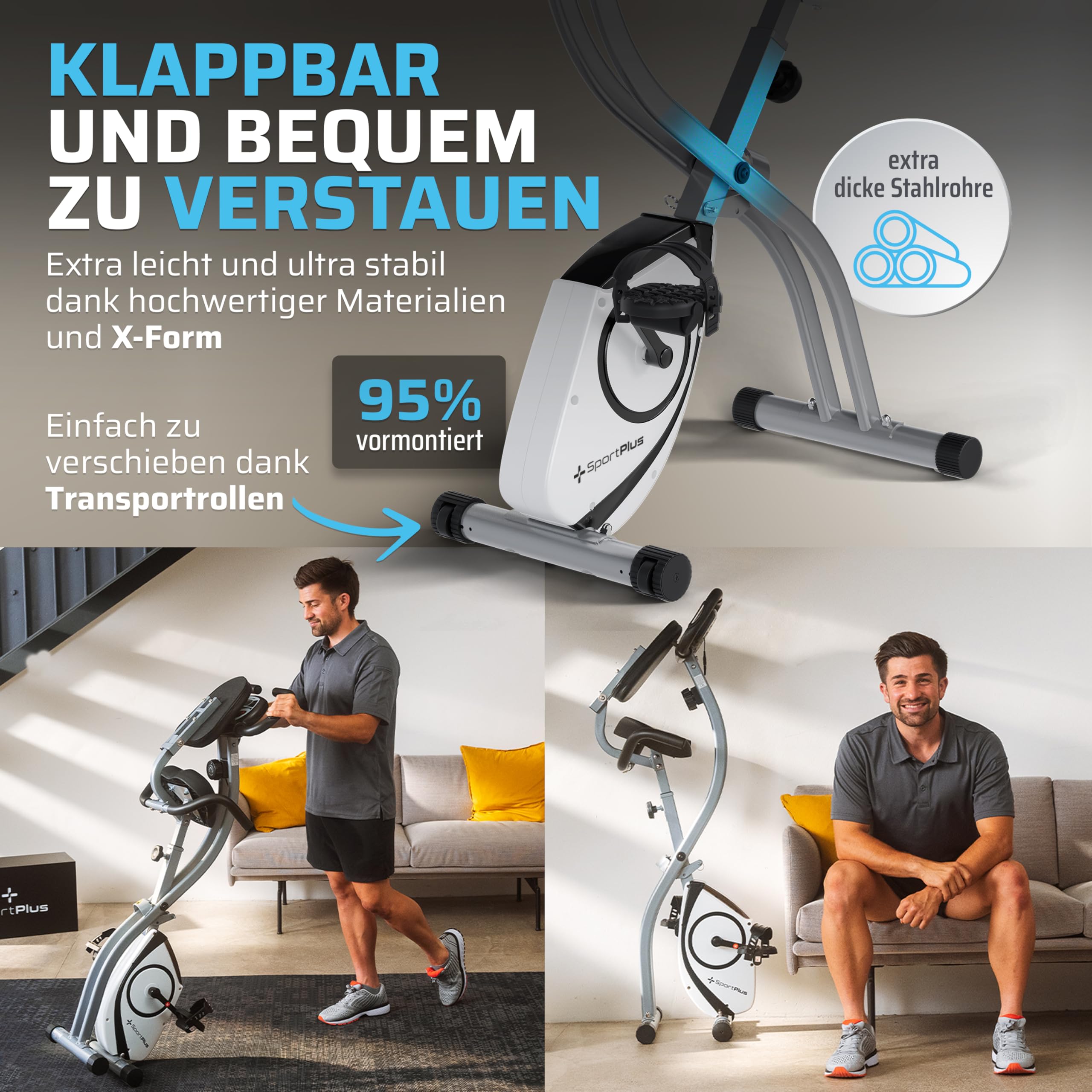 SportPlus Klappbarer Heimtrainer – Leises Hometrainer Fahrrad für Zuhause – Faltbares Fitnessbike & Ergometer mit Rückenlehne – Heimtrainer Fahrrad bis 100 kg belastbar – Indoor Cycling