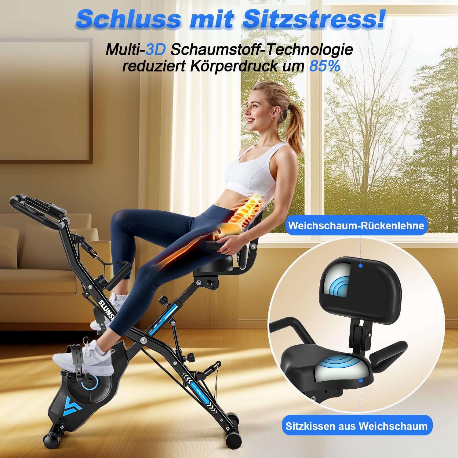 Heimtrainer Fahrrad, SLUNSE 2025 Neu Hometrainer Fahrrad mit stabilem Doppeldreieckrahmen, Klappbar Ergometer Heimtrainer mit 10dB extra Leise, Indoor Bike für Kardio-Training zu Hause, Bis 160KG