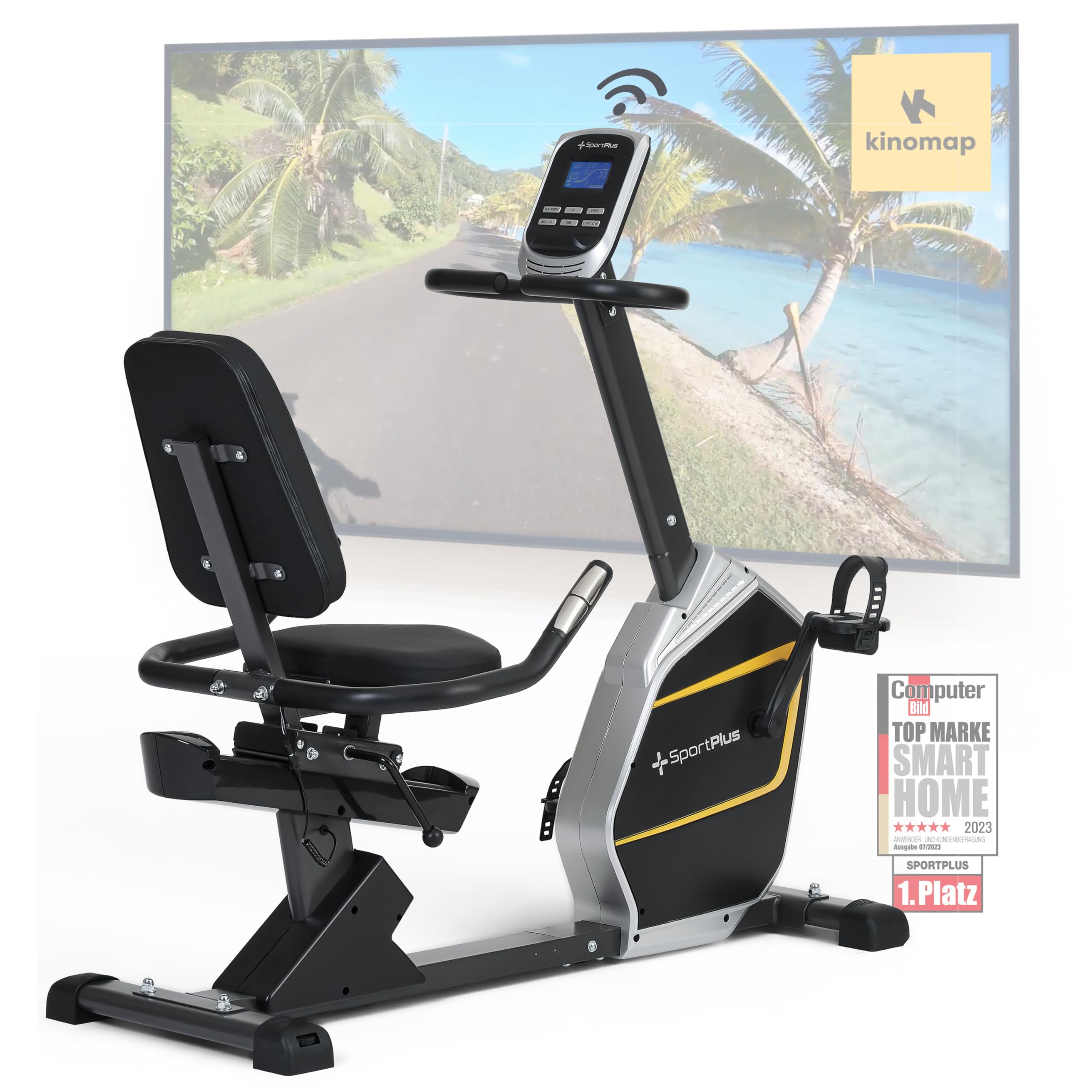 SportPlus Heimtrainer mit Magnetbremse 24 Widerstandsstufen, gelenk- und rückenschonend, extra weicher Sitz, bis 200 Watt, Fitnessgerät für Senioren Black/Sun (App-kompatibel)