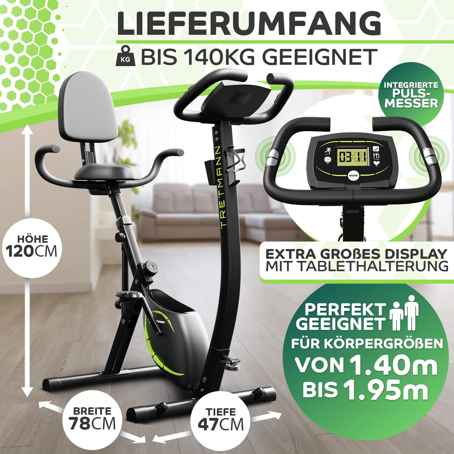 Tretmann NEU 3in1 Heimtrainer Fahrrad klappbar -extra komfortabel& leise- [SoftFoam] DEKRA geprüft - mit tiefem Einstieg Hometrainer Fahrrad Ergometer klappbar