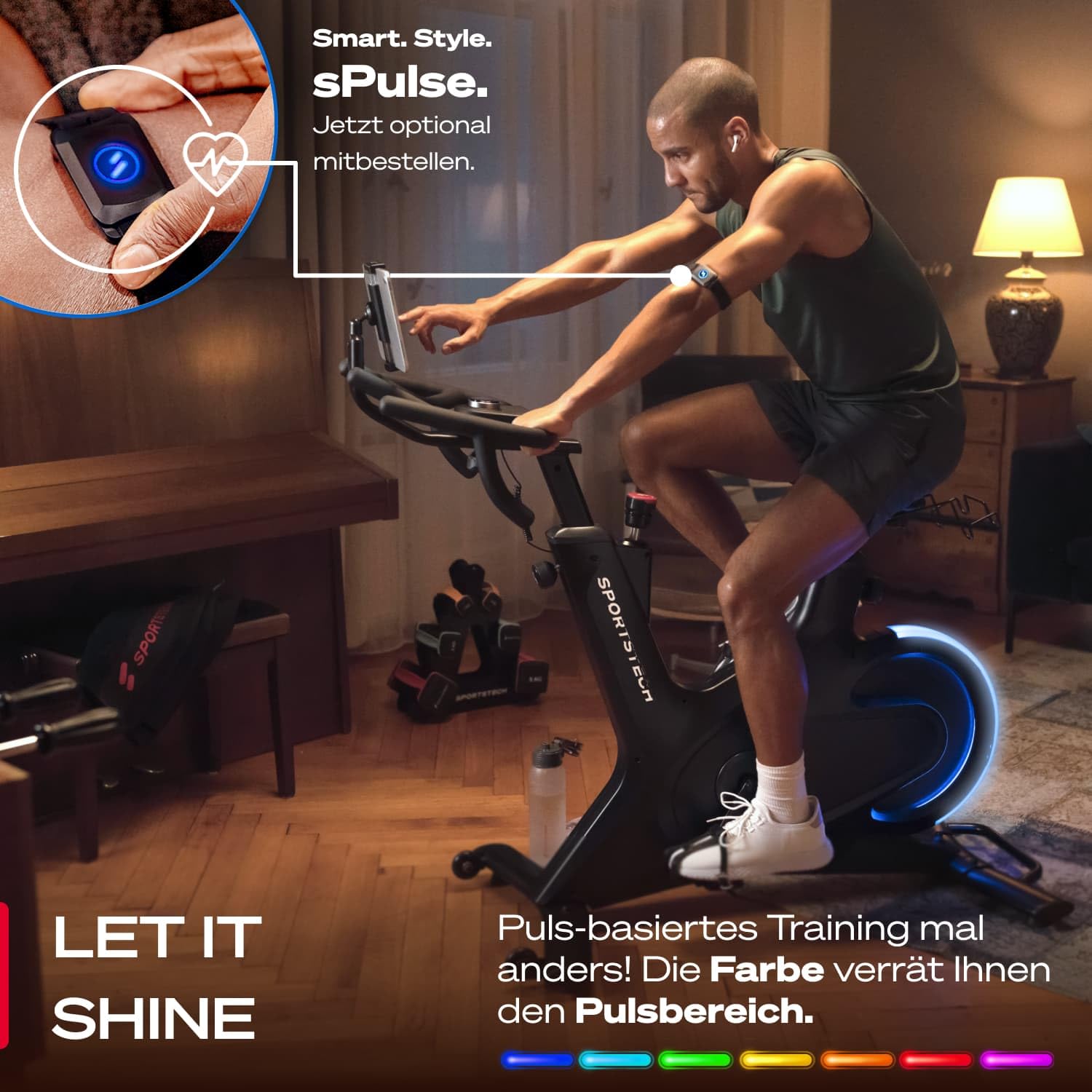 Sportstech sBike Lite - Smartes Heimtrainer Fahrrad mit LED - Deutsche Qualitätsmarke - App mit Kursen und 360° Tablet-Halterung für Full Body Workout - Ergometer, Indoor Fitnessbike (sBike Lite BL)