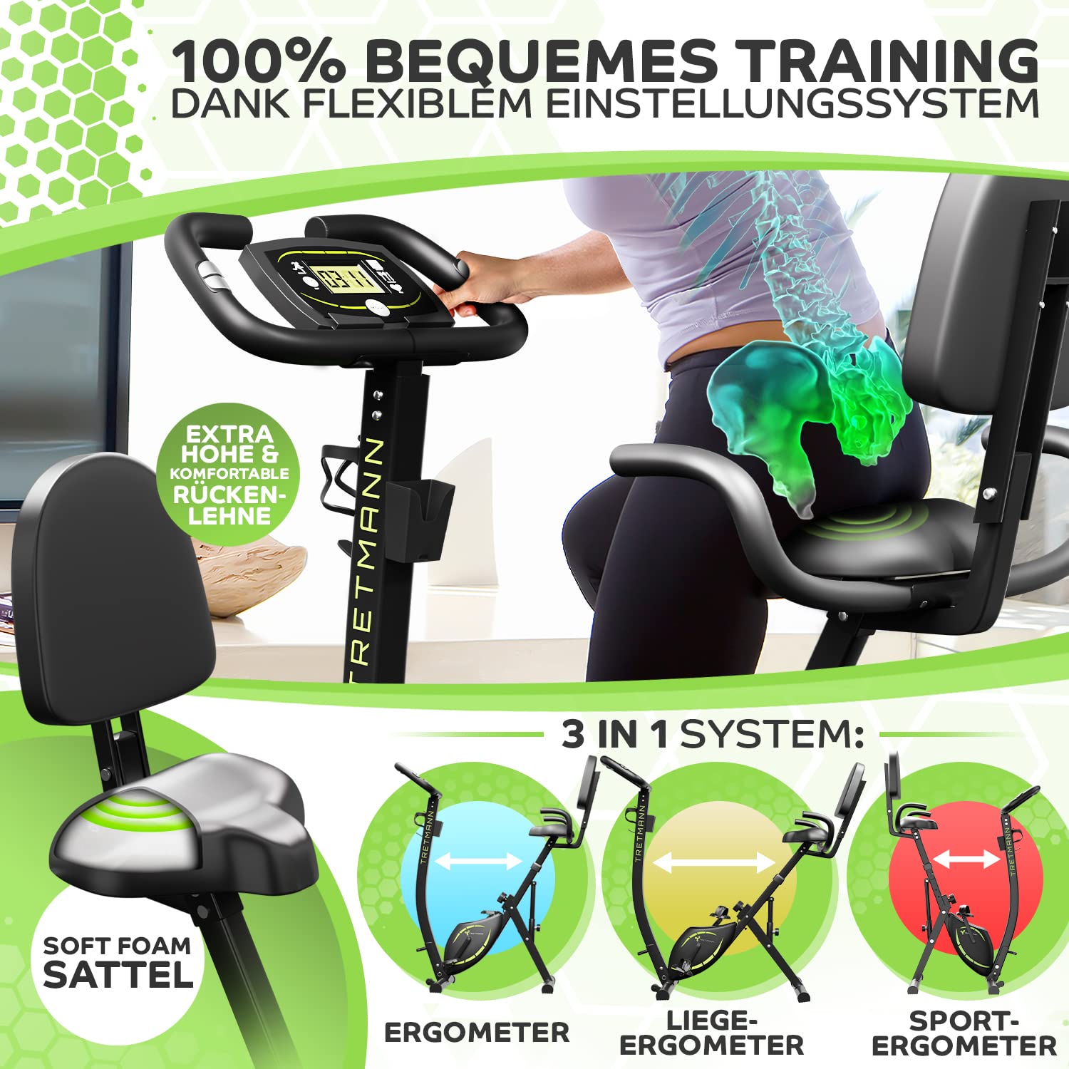 Tretmann NEU 3in1 Heimtrainer Fahrrad klappbar -extra komfortabel& leise- [SoftFoam] DEKRA geprüft - mit tiefem Einstieg Hometrainer Fahrrad Ergometer klappbar