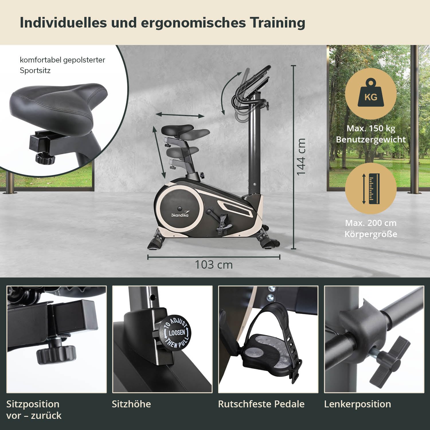 skandika Ergometer Morpheus, Fitnessbike, Heimtrainer mit Bluetooth, Pulsgurt, 32 einstellbare Widerstandseinstellung und Multifunktionscomputer mit Kalorienverbrauch, Puls