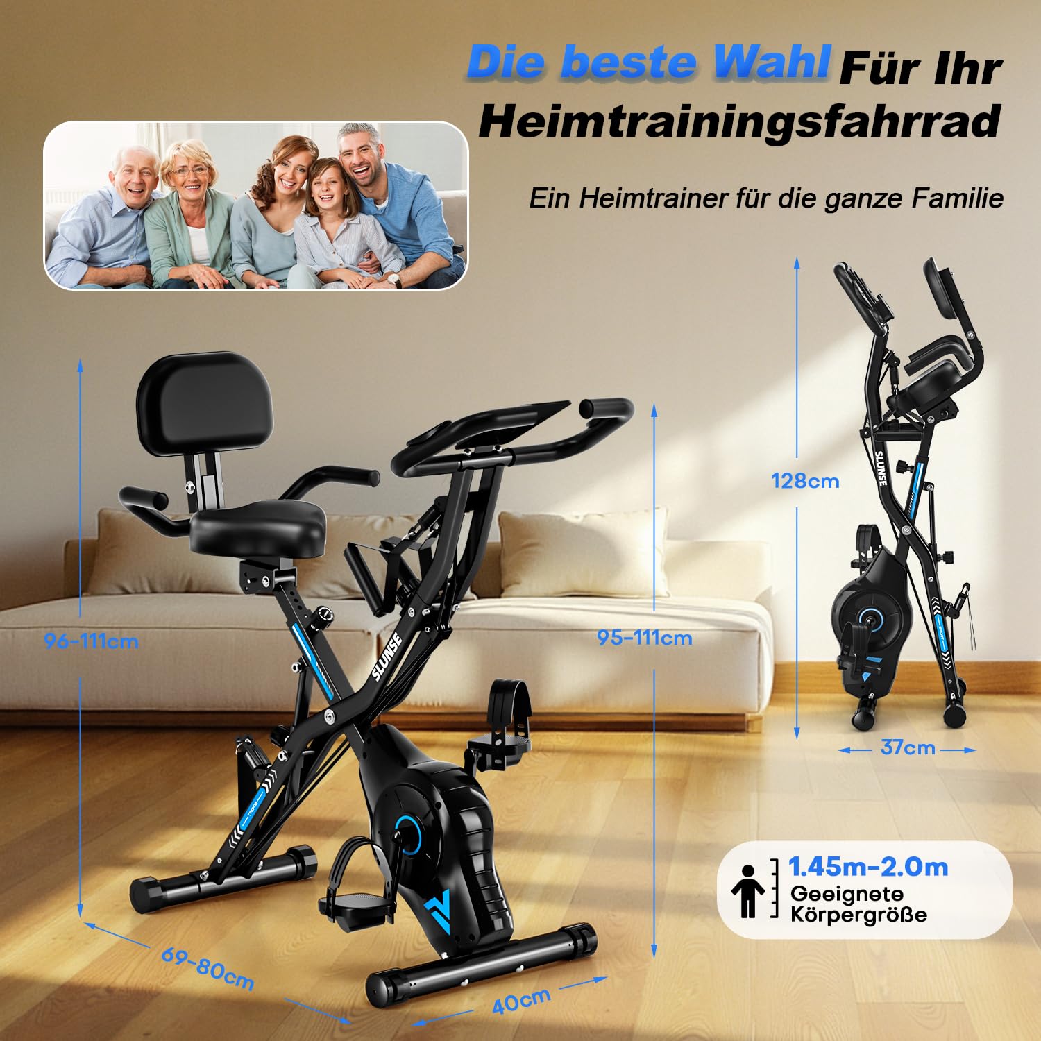 Heimtrainer Fahrrad, SLUNSE 2025 Neu Hometrainer Fahrrad mit stabilem Doppeldreieckrahmen, Klappbar Ergometer Heimtrainer mit 10dB extra Leise, Indoor Bike für Kardio-Training zu Hause, Bis 160KG