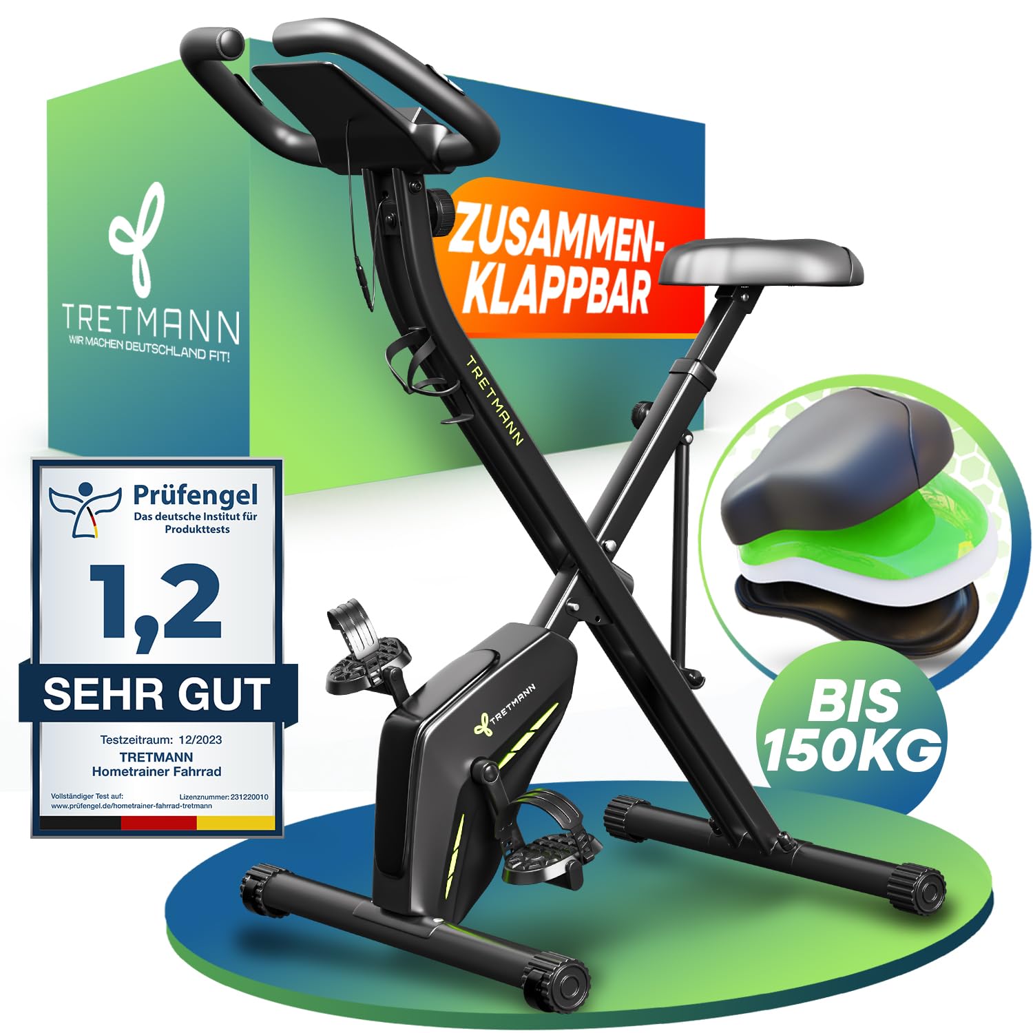 Neu Tretmann Hometrainer fahrrad Klappbar Set-extra bequem & leise- [RelaxFoam] bis 150KG Belastbar Ergometer fahrrad, Heimtrainer fahrrad, Ergometer Heimtrainer Senioren, Fitnessbikes, home trainer