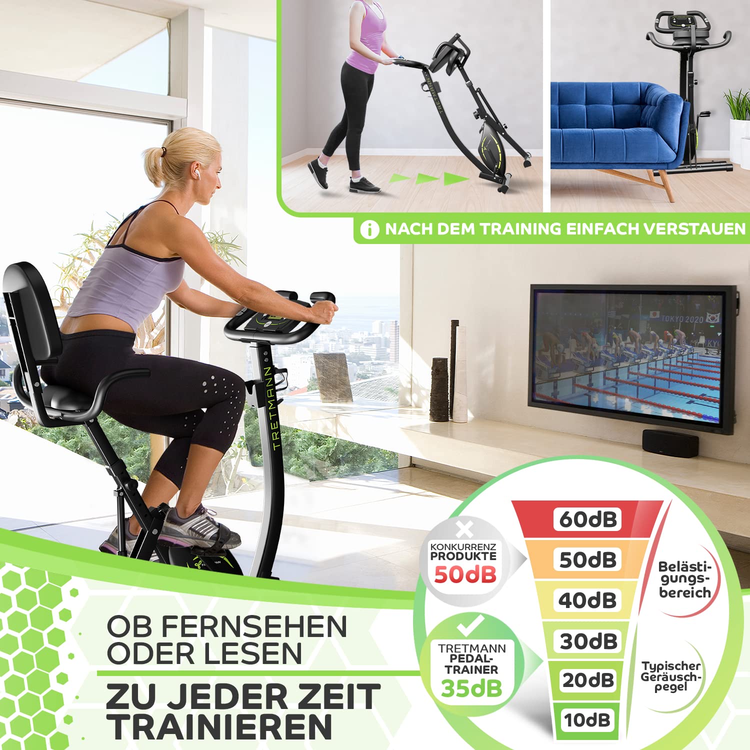 Tretmann NEU 3in1 Heimtrainer Fahrrad klappbar -extra komfortabel& leise- [SoftFoam] DEKRA geprüft - mit tiefem Einstieg Hometrainer Fahrrad Ergometer klappbar