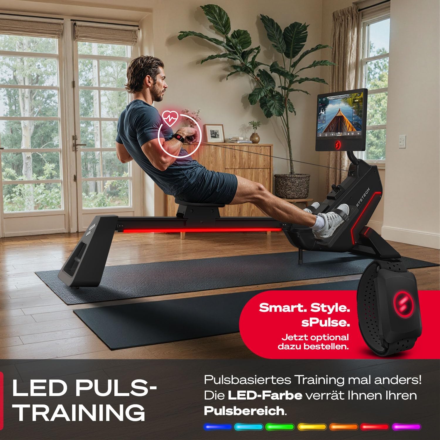 Sportstech Premium Rudergerät mit 21,5" Touchscreen & App