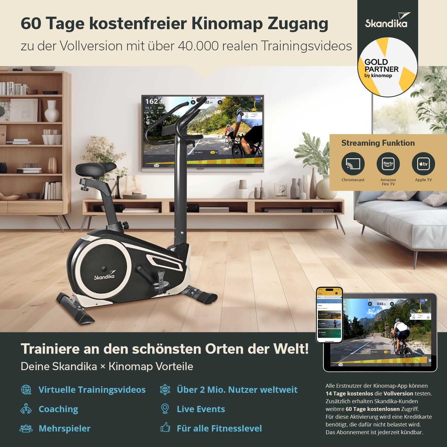 skandika Ergometer Morpheus, Fitnessbike, Heimtrainer mit Bluetooth, Pulsgurt, 32 einstellbare Widerstandseinstellung und Multifunktionscomputer mit Kalorienverbrauch, Puls