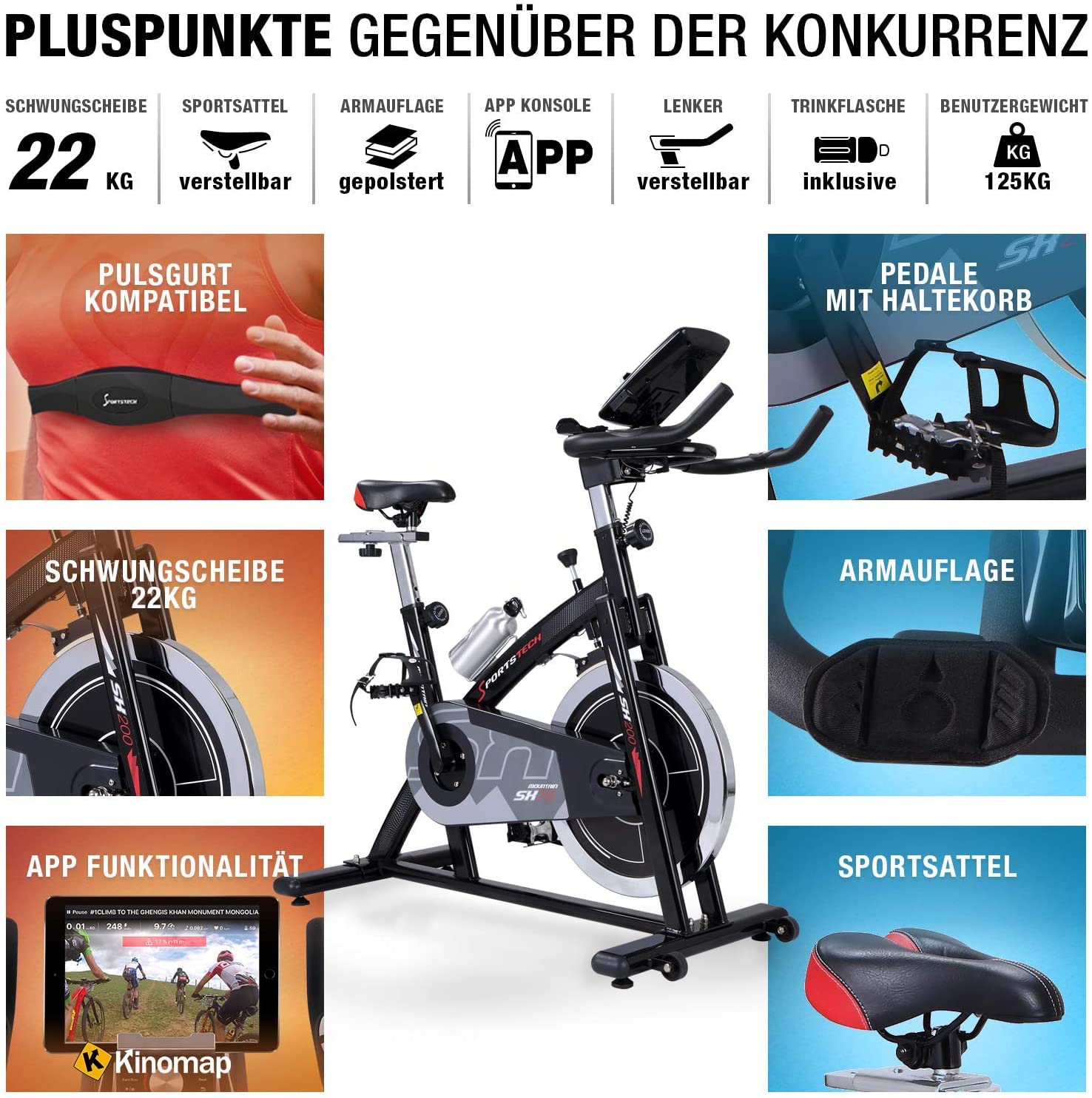 Sportstech Ergometer Heimtrainer mit 22KG Schwungrad & Multiplayer APP | Hometrainer Fahrrad für Zuhause | Trainingsgeräte für das Ausdauertraining | Fitness Exercise Bike SX200 (SX200 grau)