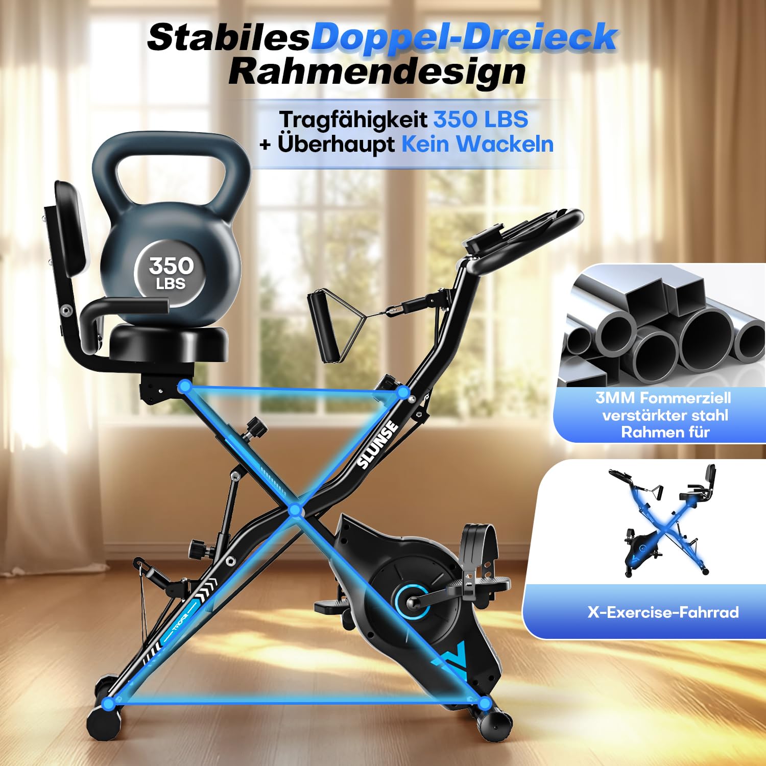 Heimtrainer Fahrrad, SLUNSE 2025 Neu Hometrainer Fahrrad mit stabilem Doppeldreieckrahmen, Klappbar Ergometer Heimtrainer mit 10dB extra Leise, Indoor Bike für Kardio-Training zu Hause, Bis 160KG