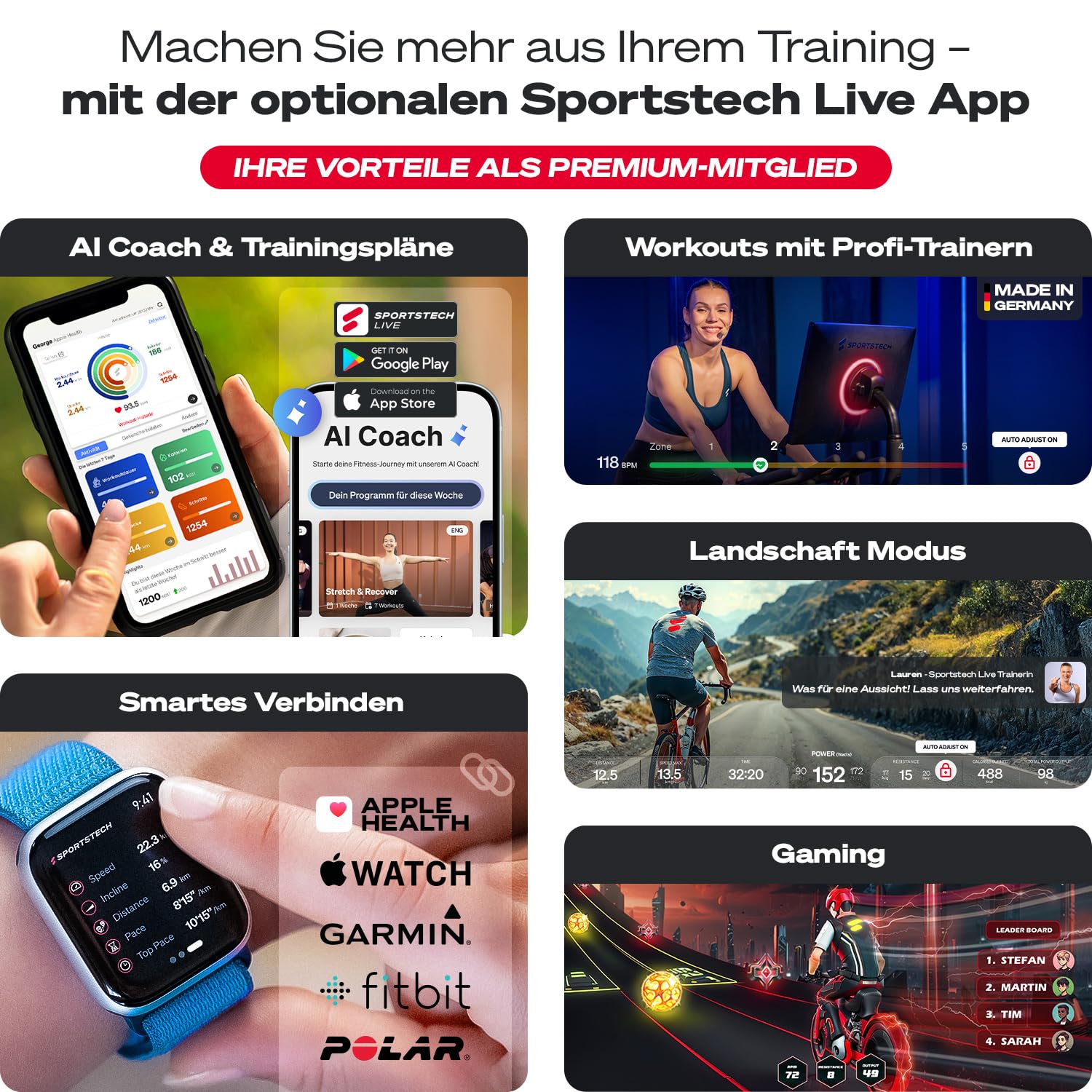 Sportstech sBike Lite - Smartes Heimtrainer Fahrrad mit LED - Deutsche Qualitätsmarke - App mit Kursen und 360° Tablet-Halterung für Full Body Workout - Ergometer, Indoor Fitnessbike (sBike Lite BL)