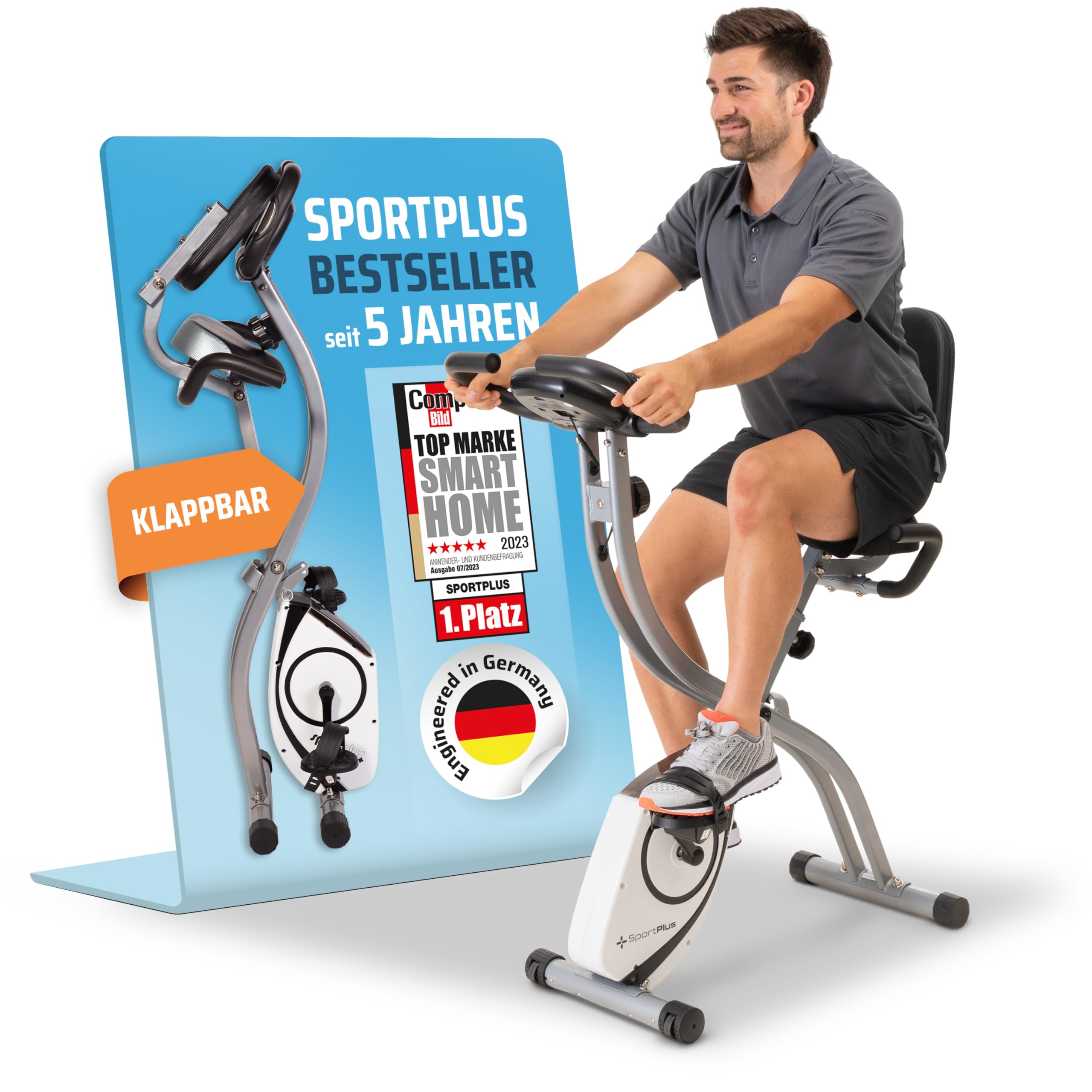 SportPlus Klappbarer Heimtrainer – Leises Hometrainer Fahrrad für Zuhause – Faltbares Fitnessbike & Ergometer mit Rückenlehne – Heimtrainer Fahrrad bis 100 kg belastbar – Indoor Cycling