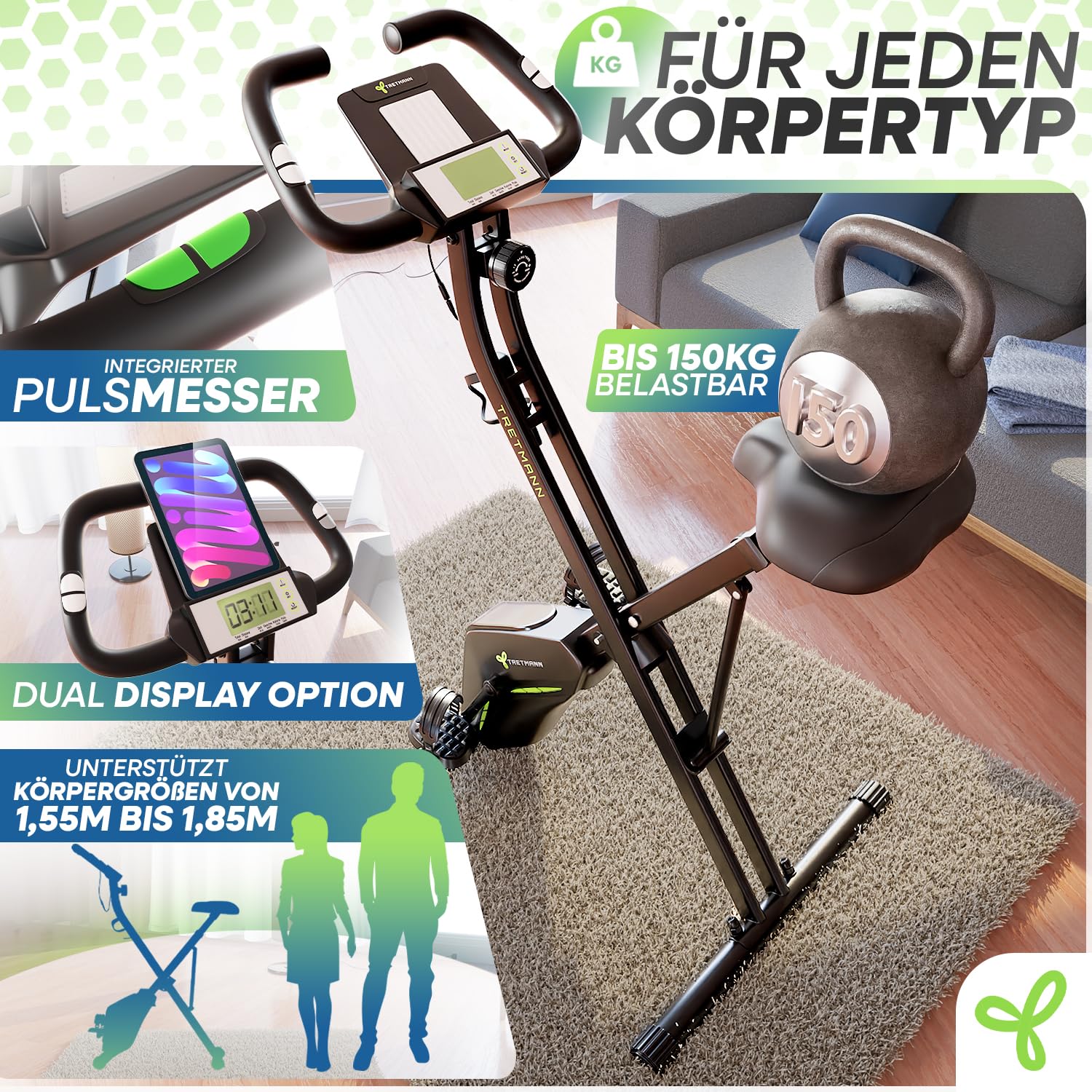 Neu Tretmann Hometrainer fahrrad Klappbar Set-extra bequem & leise- [RelaxFoam] bis 150KG Belastbar Ergometer fahrrad, Heimtrainer fahrrad, Ergometer Heimtrainer Senioren, Fitnessbikes, home trainer
