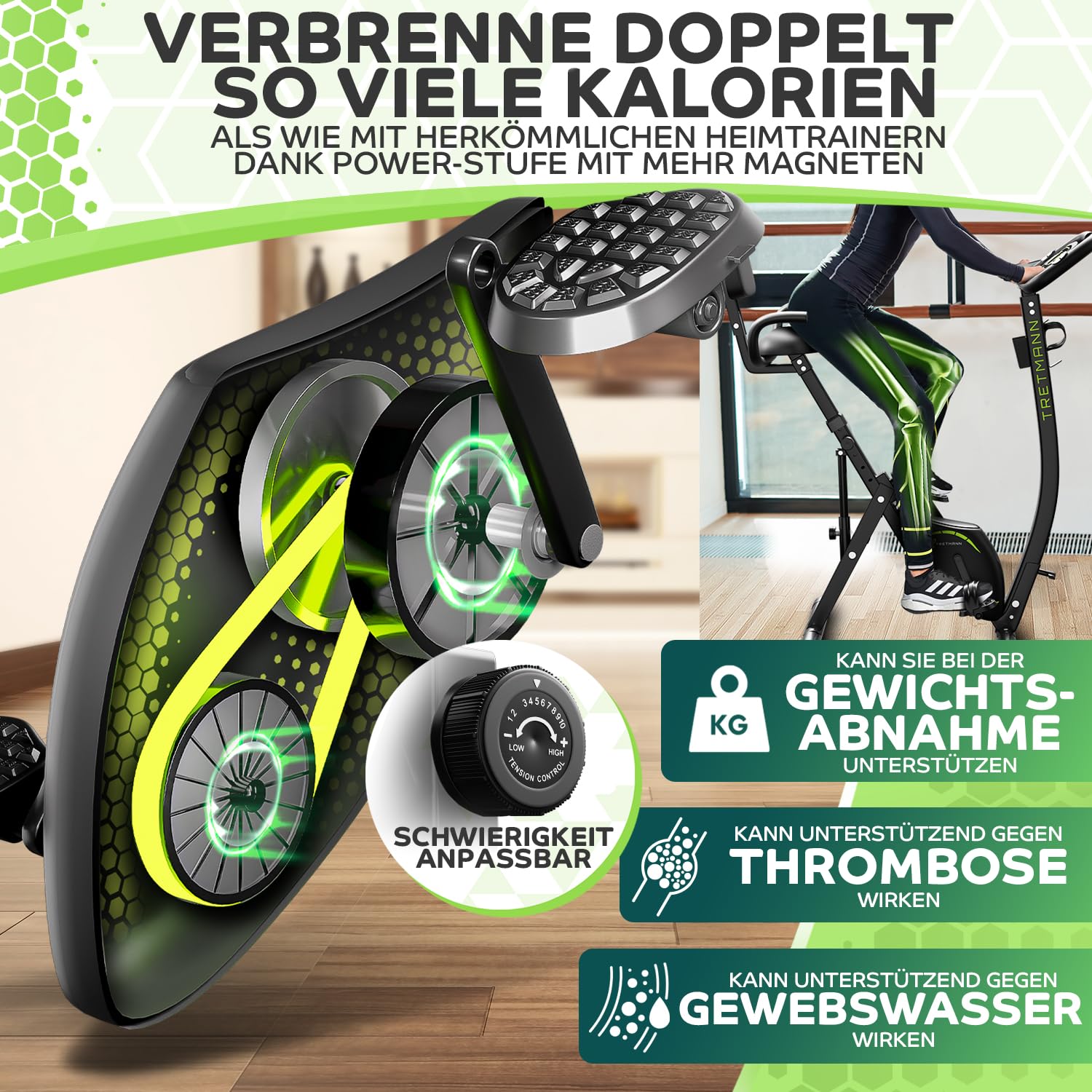 Tretmann NEU 3in1 Heimtrainer Fahrrad klappbar -extra komfortabel& leise- [SoftFoam] DEKRA geprüft - mit tiefem Einstieg Hometrainer Fahrrad Ergometer klappbar
