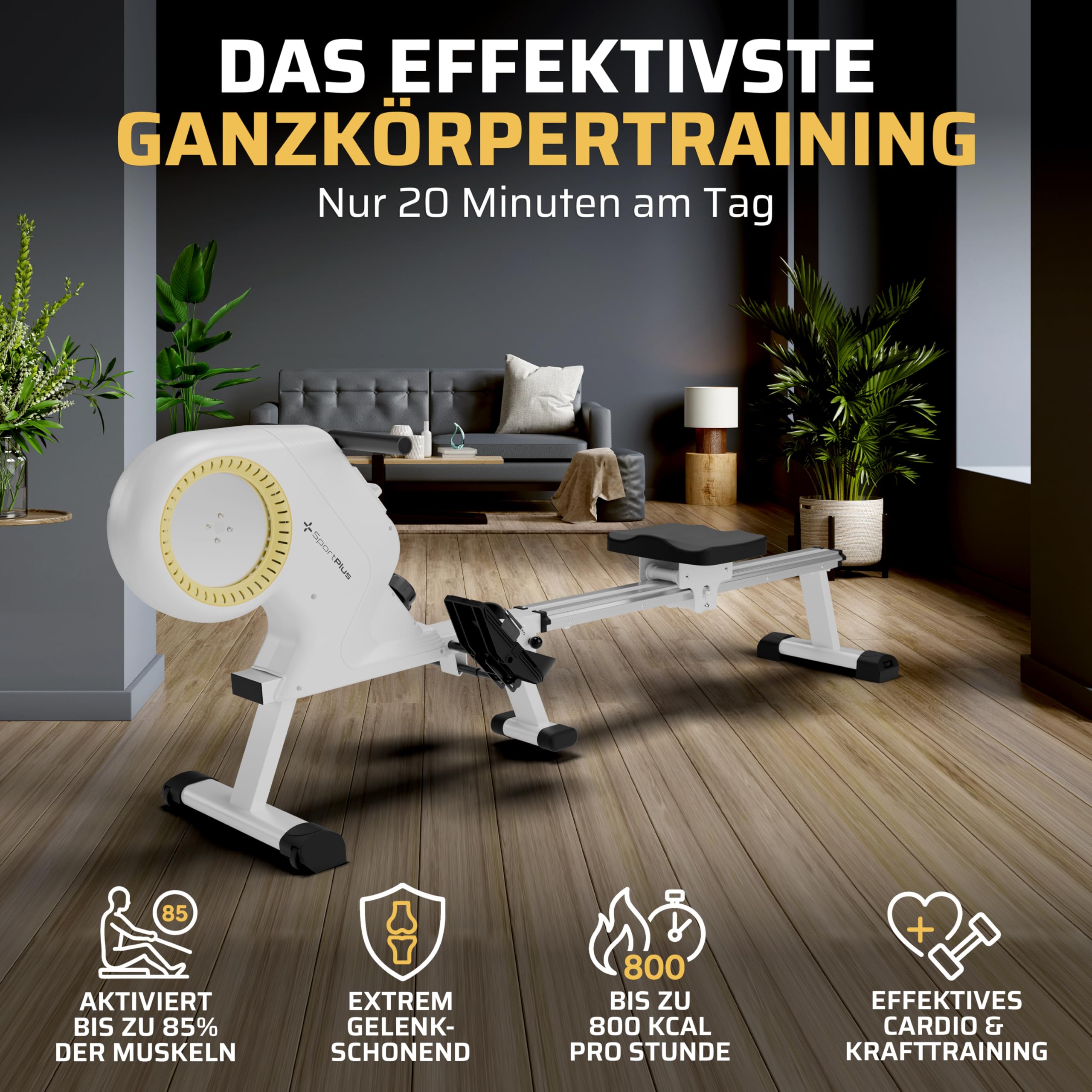 SportPlus Rudergerät für zuhause klappbar - Heimtrainer Rudergerät 16 Widerstandsstufen - leises Magnetbremssystem - Rudermaschine für zuhause - Designed in Germany - bis 150kg belastbar