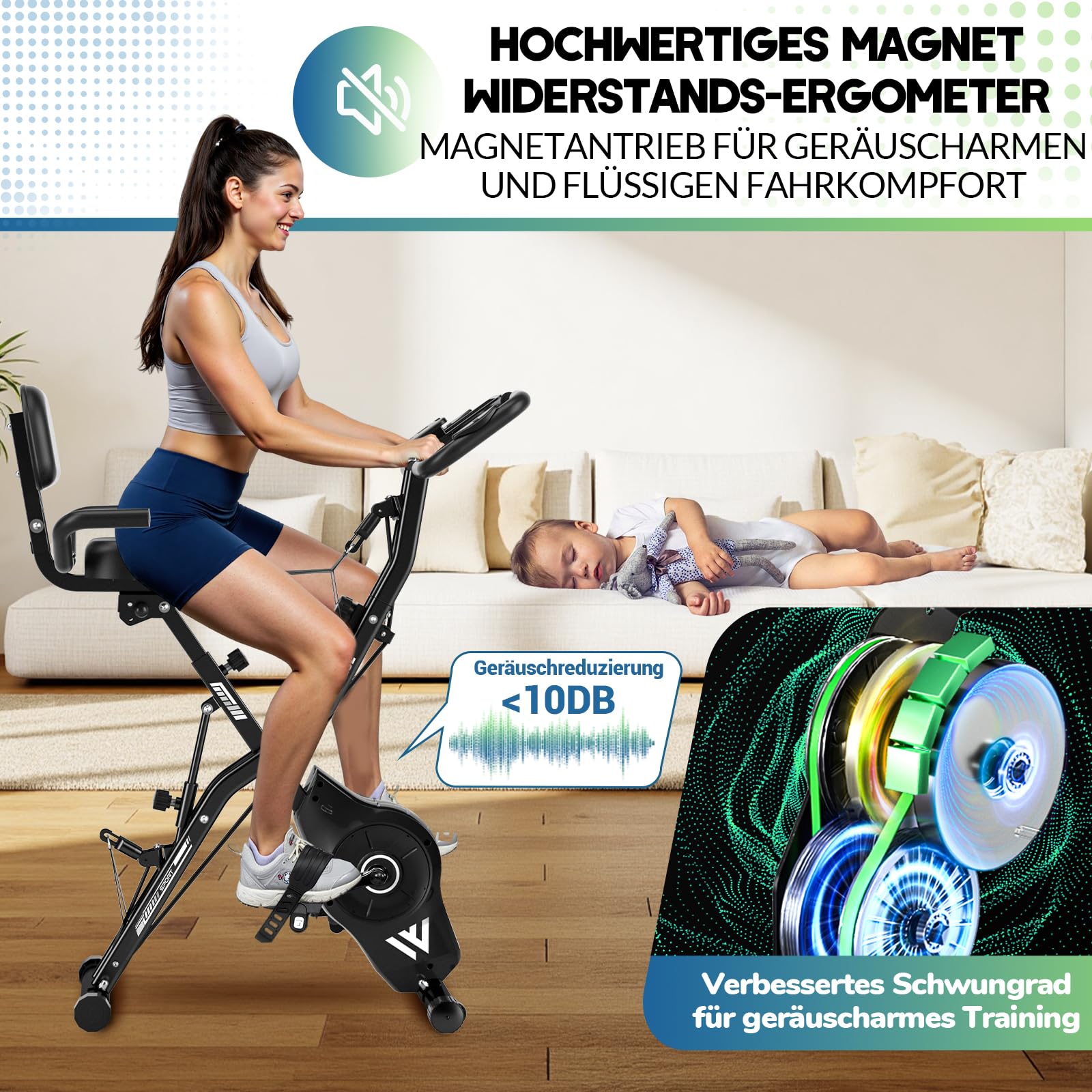 Heimtrainer Fahrrad, SLUNSE 2025 Neu Hometrainer Fahrrad mit stabilem Doppeldreieckrahmen, Klappbar Ergometer Heimtrainer mit 10dB extra Leise, Indoor Bike für Kardio-Training zu Hause, Bis 160KG