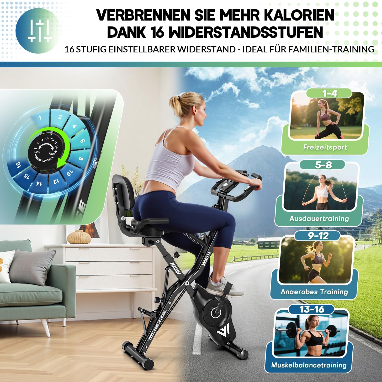 Heimtrainer Fahrrad, SLUNSE 2025 Neu Hometrainer Fahrrad mit stabilem Doppeldreieckrahmen, Klappbar Ergometer Heimtrainer mit 10dB extra Leise, Indoor Bike für Kardio-Training zu Hause, Bis 160KG
