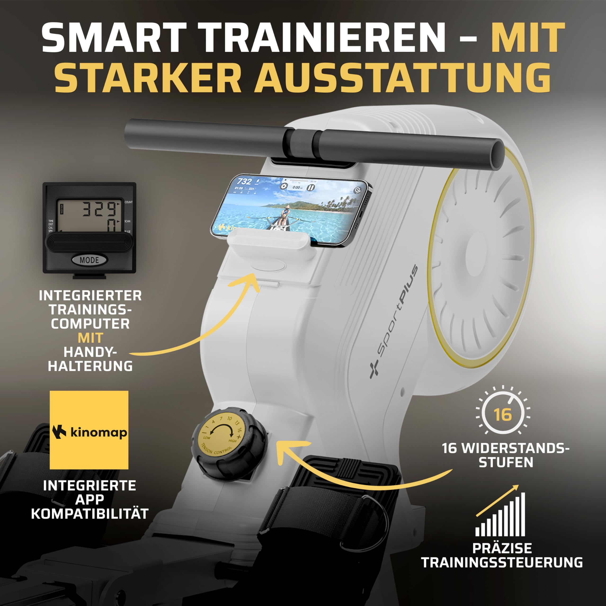 SportPlus Rudergerät für zuhause klappbar - Heimtrainer Rudergerät 16 Widerstandsstufen - leises Magnetbremssystem - Rudermaschine für zuhause - Designed in Germany - bis 150kg belastbar