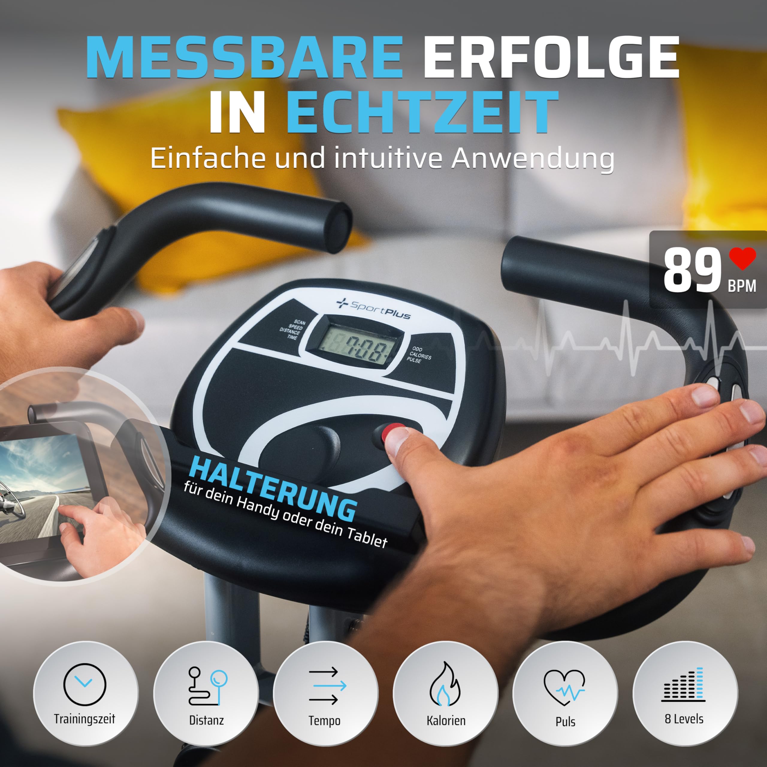 SportPlus Klappbarer Heimtrainer – Leises Hometrainer Fahrrad für Zuhause – Faltbares Fitnessbike & Ergometer mit Rückenlehne – Heimtrainer Fahrrad bis 100 kg belastbar – Indoor Cycling