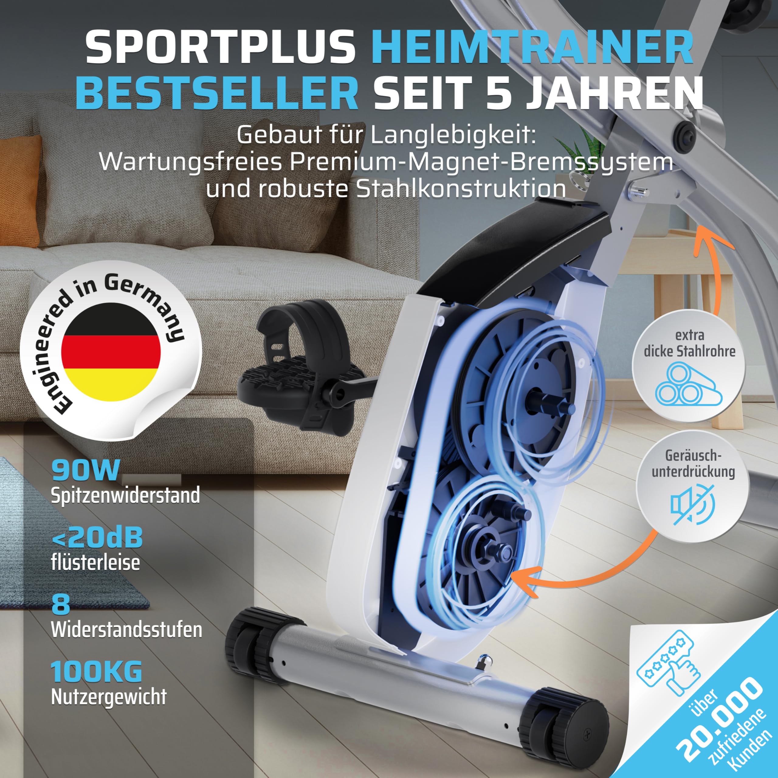 SportPlus Klappbarer Heimtrainer – Leises Hometrainer Fahrrad für Zuhause – Faltbares Fitnessbike & Ergometer mit Rückenlehne – Heimtrainer Fahrrad bis 100 kg belastbar – Indoor Cycling